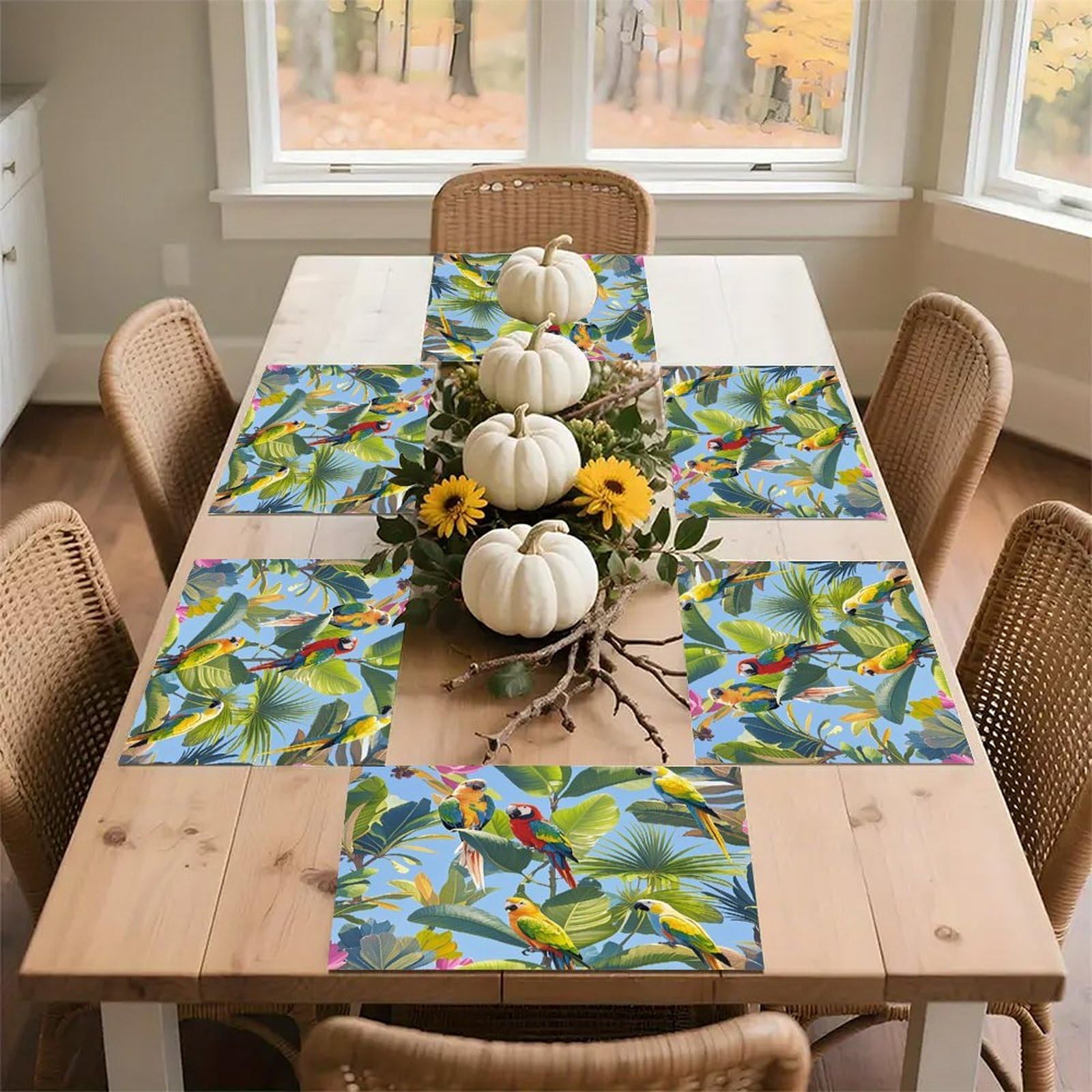 Tropical Plants and Parrots Placemats Flax Place Mats for Dining Table Rectangle Non-Slip Table Mats Heat Resistant Washable Placemat for Kitchen Home Decor Party Outdoor 12" X 18"