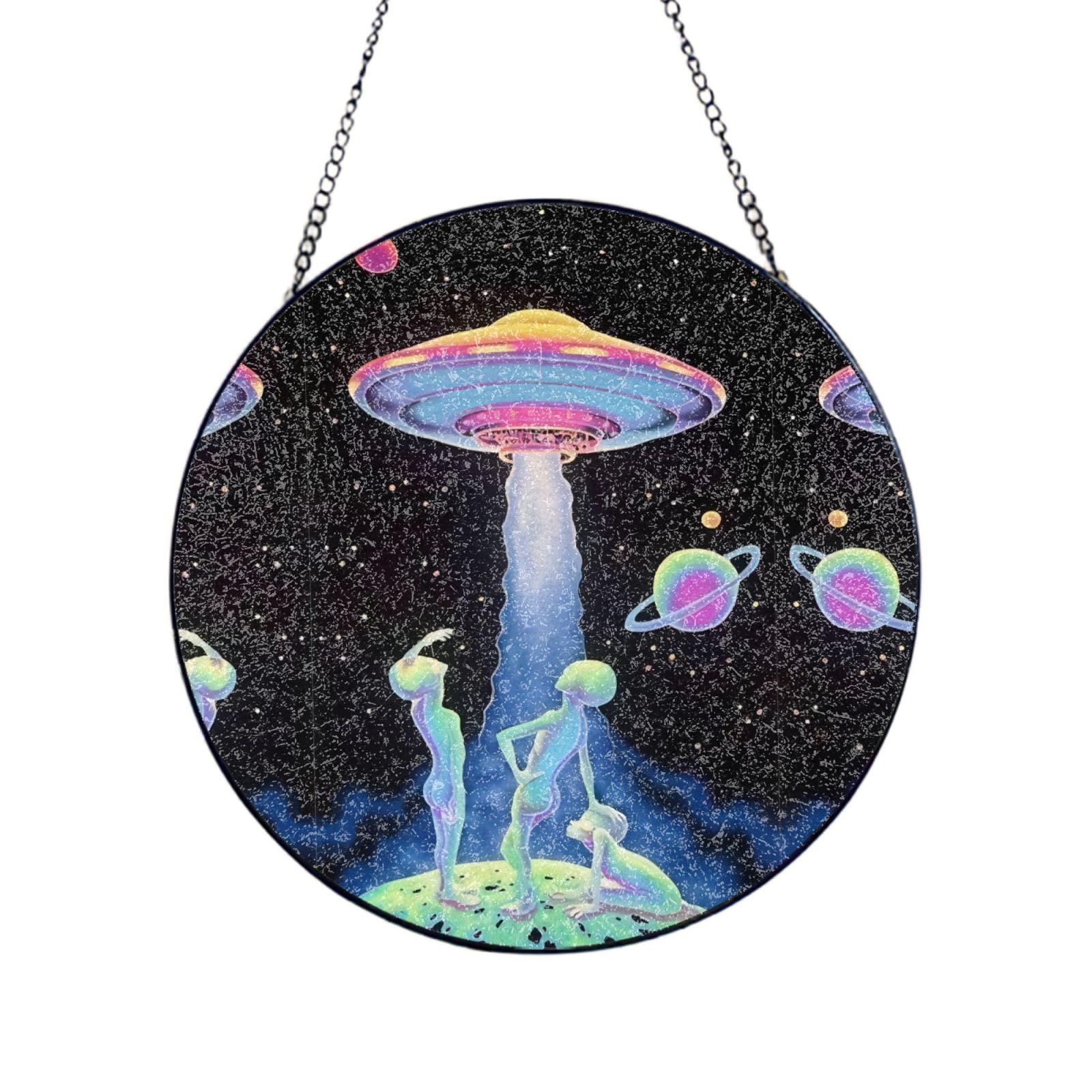 Phayah Spaceship Print Glass Window Hanging Sun Catchers Suncatcher Decor For Birthday For Home Garden Porch 4in（10cm）