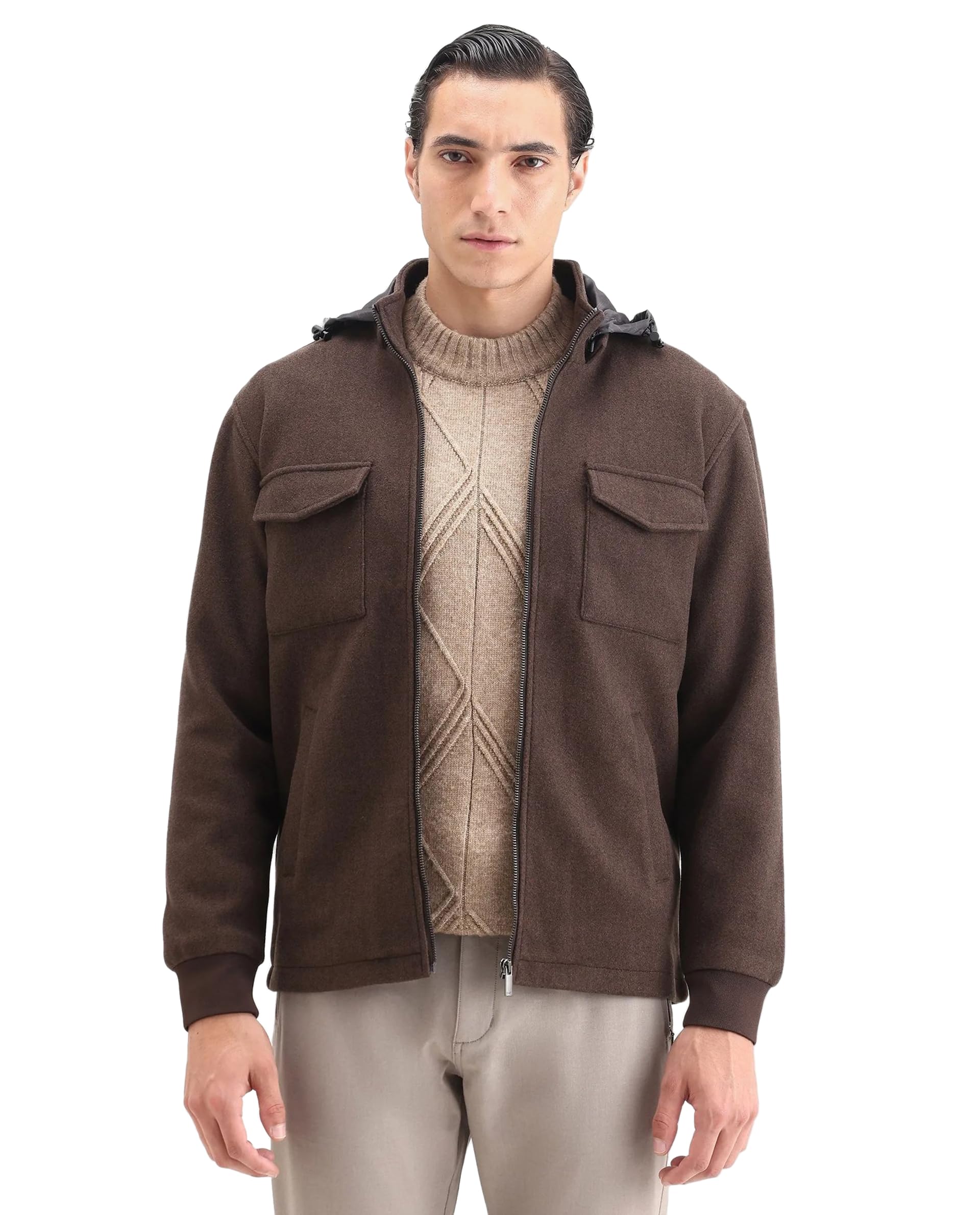rare rabbit Men Relaxed Textured Dark Brown Polyester Blend Hooded Zipper Jacket-picture-35