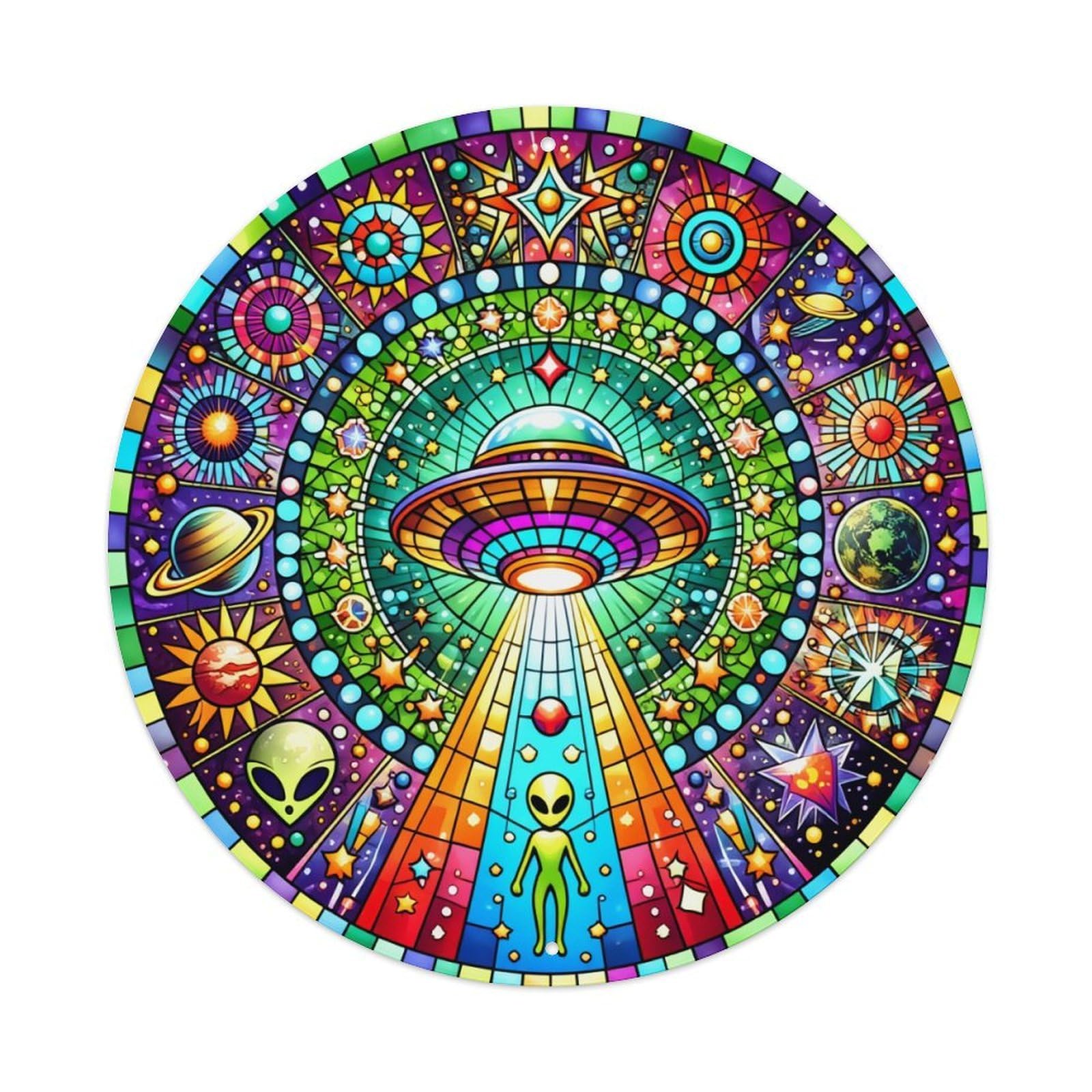 Colorful Cosmic Alien UFO Pattern Vintage Round Tin Sign Retro Metal Wall Decor Metal Poster, Home Bar Garage Cafe Wall Art Decoration 8x8Inches