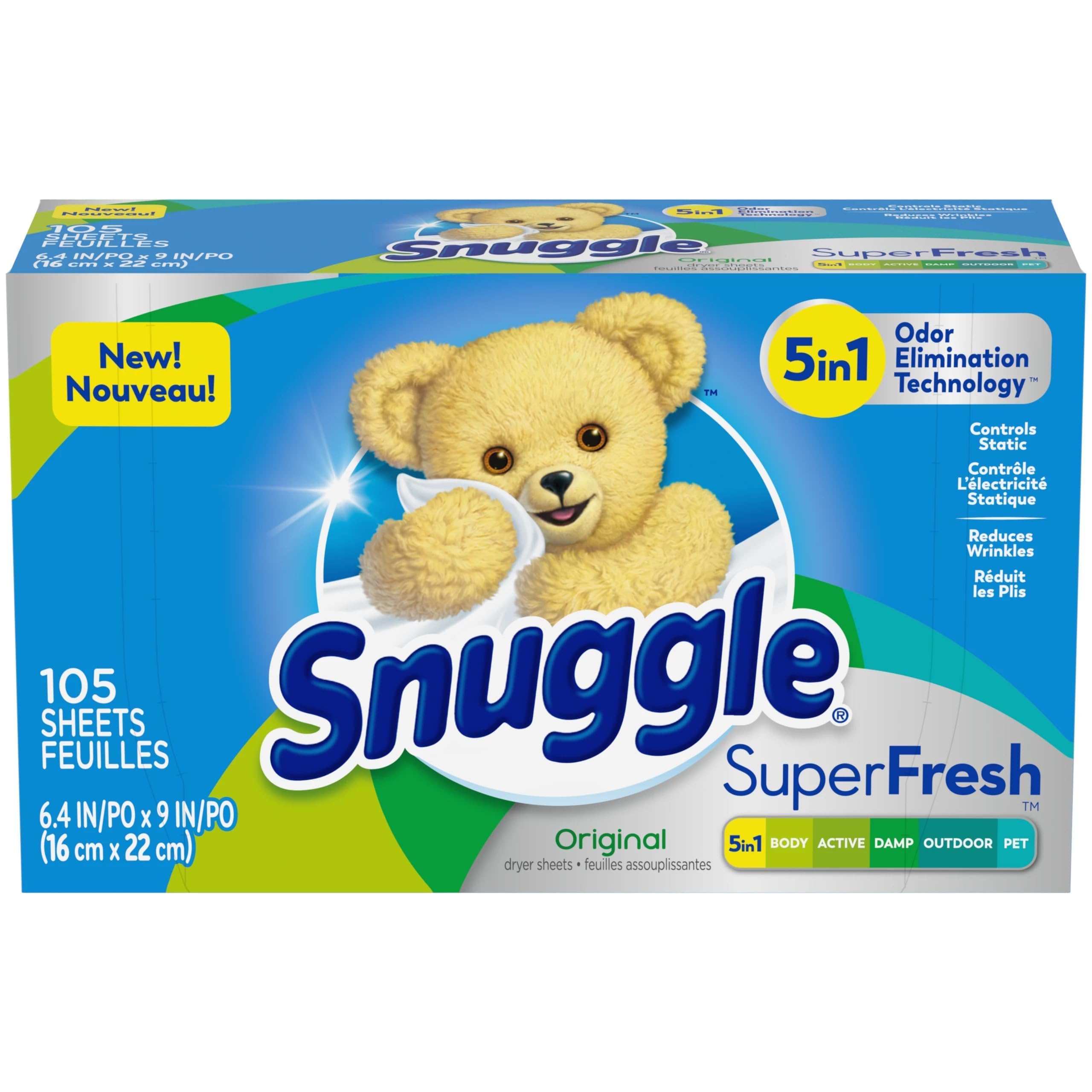 SnuggleSuperFresh Original Fabric Softener Dryer Sheets - 5-in-1 Odor Eliminating Technology, Static Control, 105 Sheets, 1 Pack