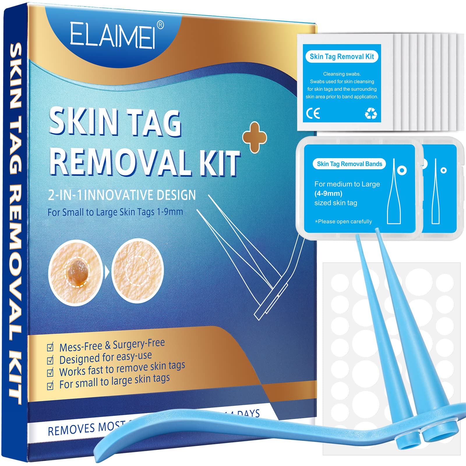 Remover Skin Mole & Tag Kit, 2 in 1 Auto Skin Tag Removal Tools, Painless and Easy Remover Skin Tags at Home, with 40 Micro and Regular Skin Tag Bands and 36 Skin Repair Patches 10 Cleansing Wipes