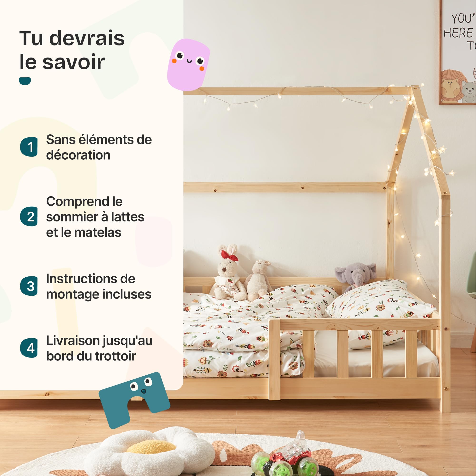 [en.casa] Cama para Niños de Madera Pino Sisimiut con Colchón Espuma Fría 120 x 200 cm Cama Infantil con Reja Protectora Somier Forma de Casita - Pino Natural