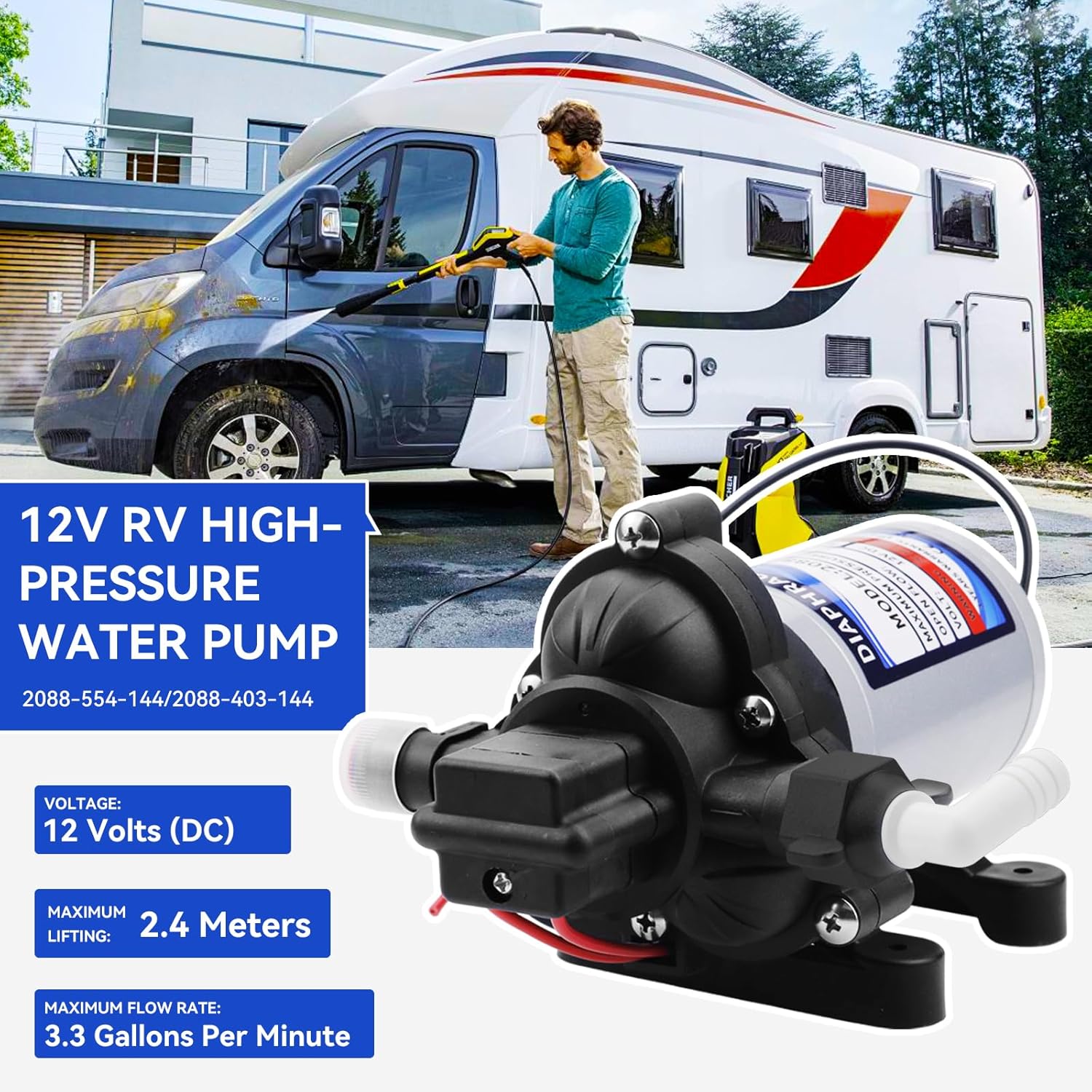 RV Water Pump 12V 2088-554-144/2088-403-144 with 1/2 NPT Connection, 3.5 GPM, 45 PSI, Quiet Diaphragm Pump