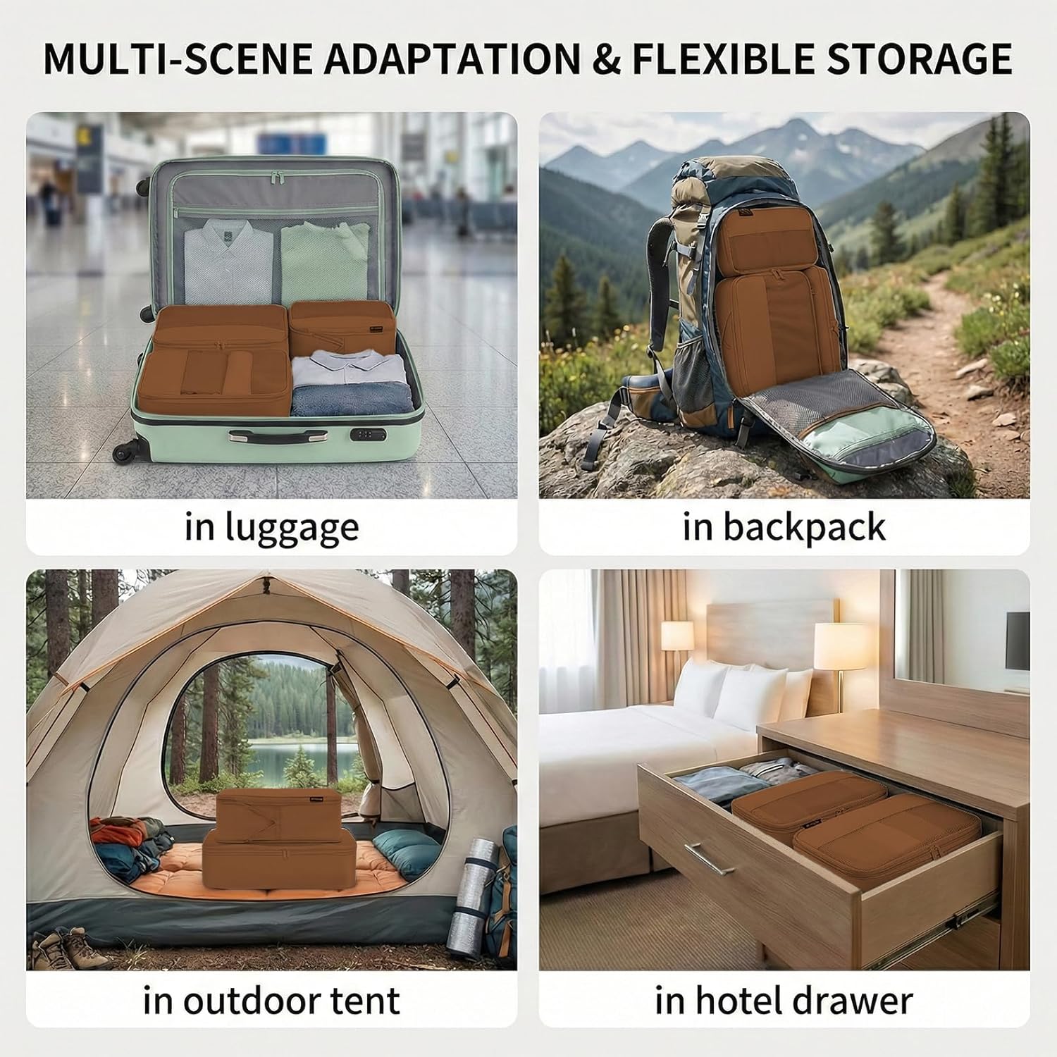 4 Piece Compression Packing Cubes for 3–7 Day Travel, Lightweight Travel Organizers with Breathable Mesh, Double-Zipper Packing Cubes for Carry-On & Suitcases (Light Brown) - Image 6