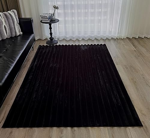 GLORY RUGS Alfombras de Área Rayadas Suaves de Piel Sintética de Conejo 5 x 7 pies Becky Negra Alfombra de Felpa Shag Acogedora y Mullida