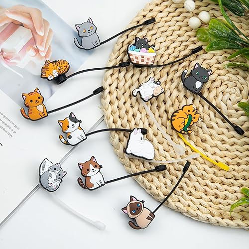 Miniatura 3 de Paquete de 12 fundas de popote reutilizables, con diseño de gato, a prueba de polvo, para popote de 6 a 0.315 in, protector para accesorios de