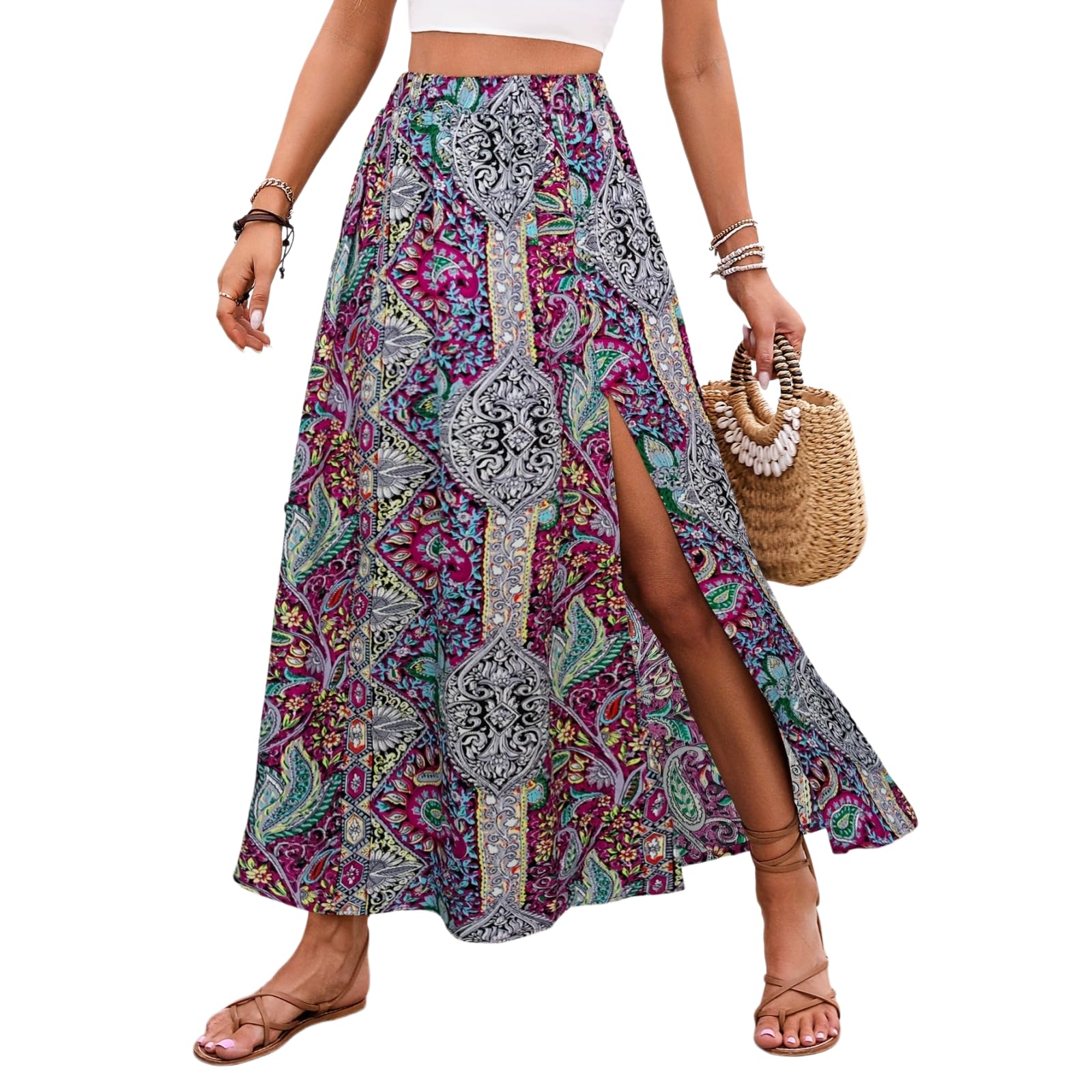 Jupe bohème longue violette taille haute imprimée été style décontracté A-ligne