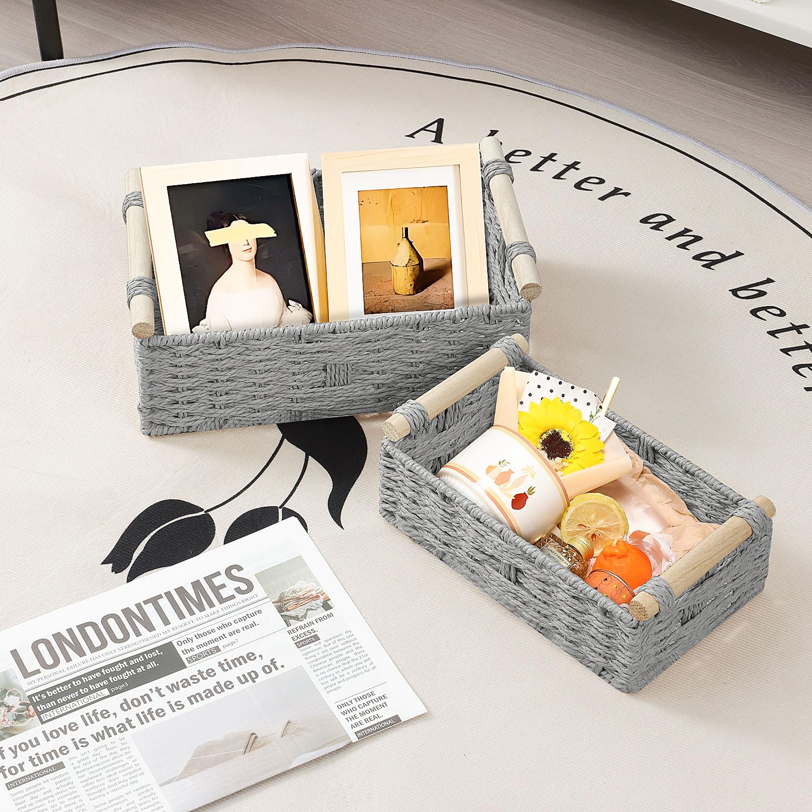Cestini Intrecciati Per Organizzazione - Set 2 Scatole Decorativo Con Manici In Legno, Naturale (30x20x12 Cm E 25x15x10 Cm) - Foto 9