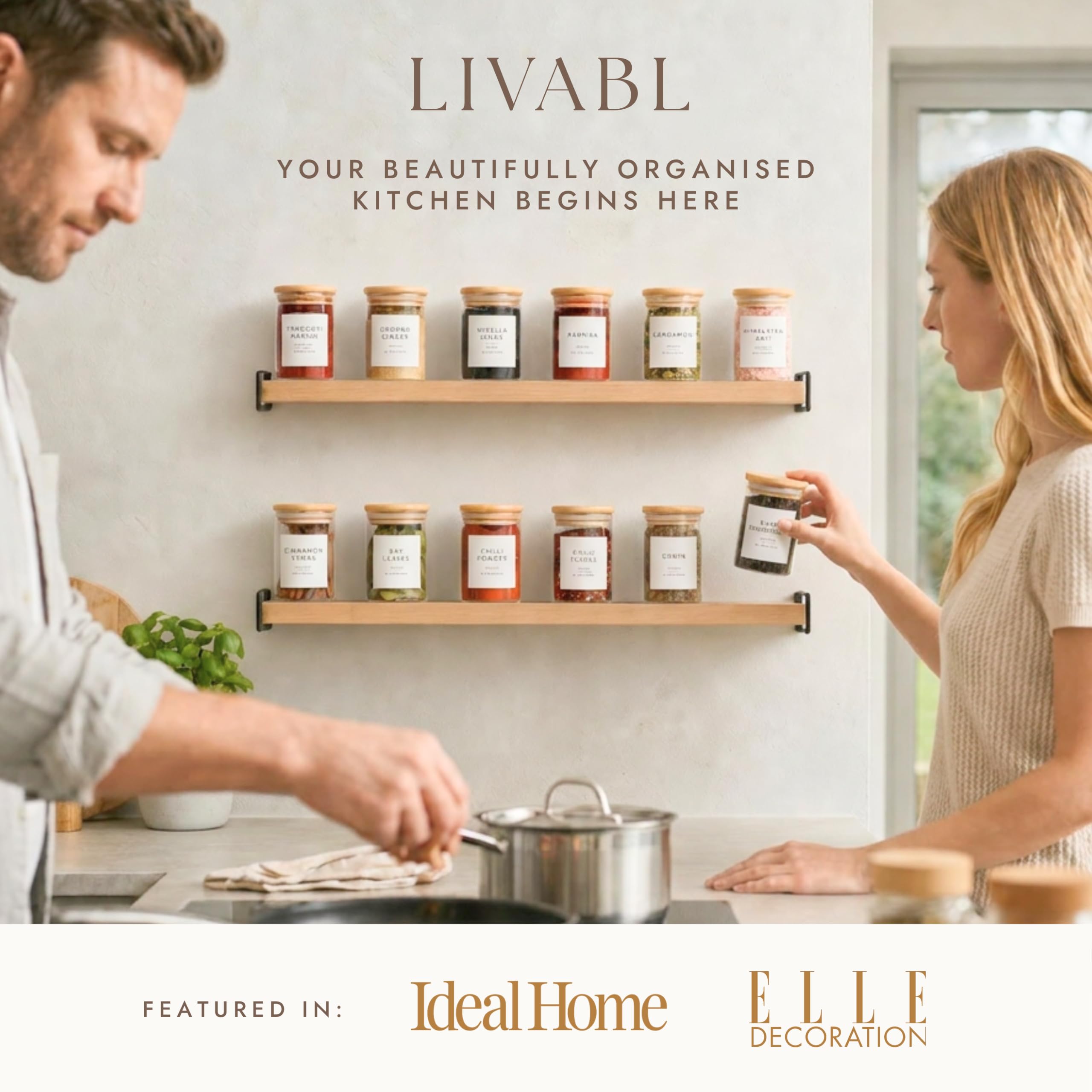 Livabl Lot de 12 pots à épices en verre avec couvercles et étiquettes – 200 ml hermétiques avec 360 étiquettes blanches pré-imprimées étanches conçues au Royaume-Uni – Rangement complet pour herbes