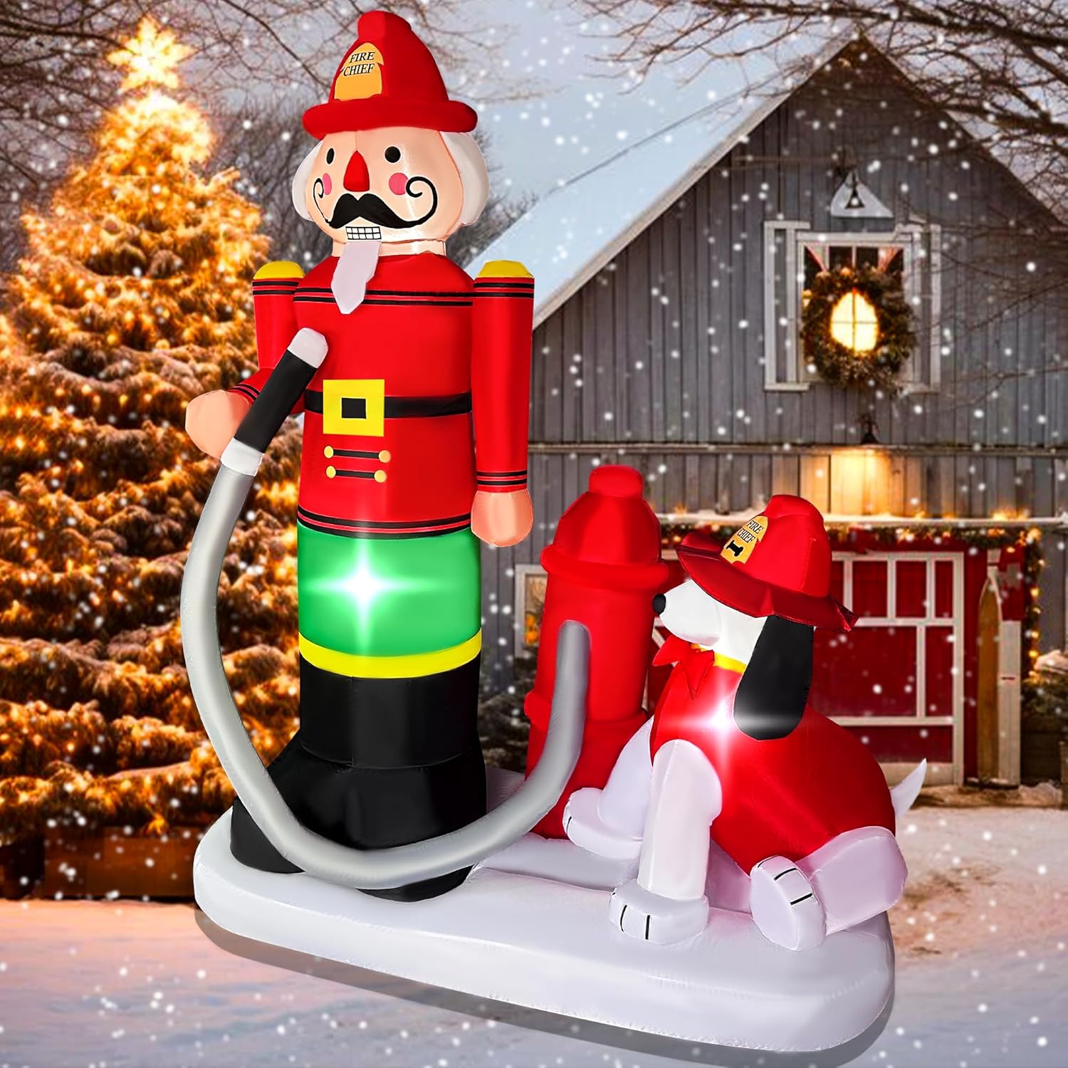 BLOWOUT FUN 7 FT Christmas Inflatables Fire Fighter with Dog Decorations, LED Lighted Xmas Blow Up Puppy for Party Indoor Outdoor Garden Yard Decor