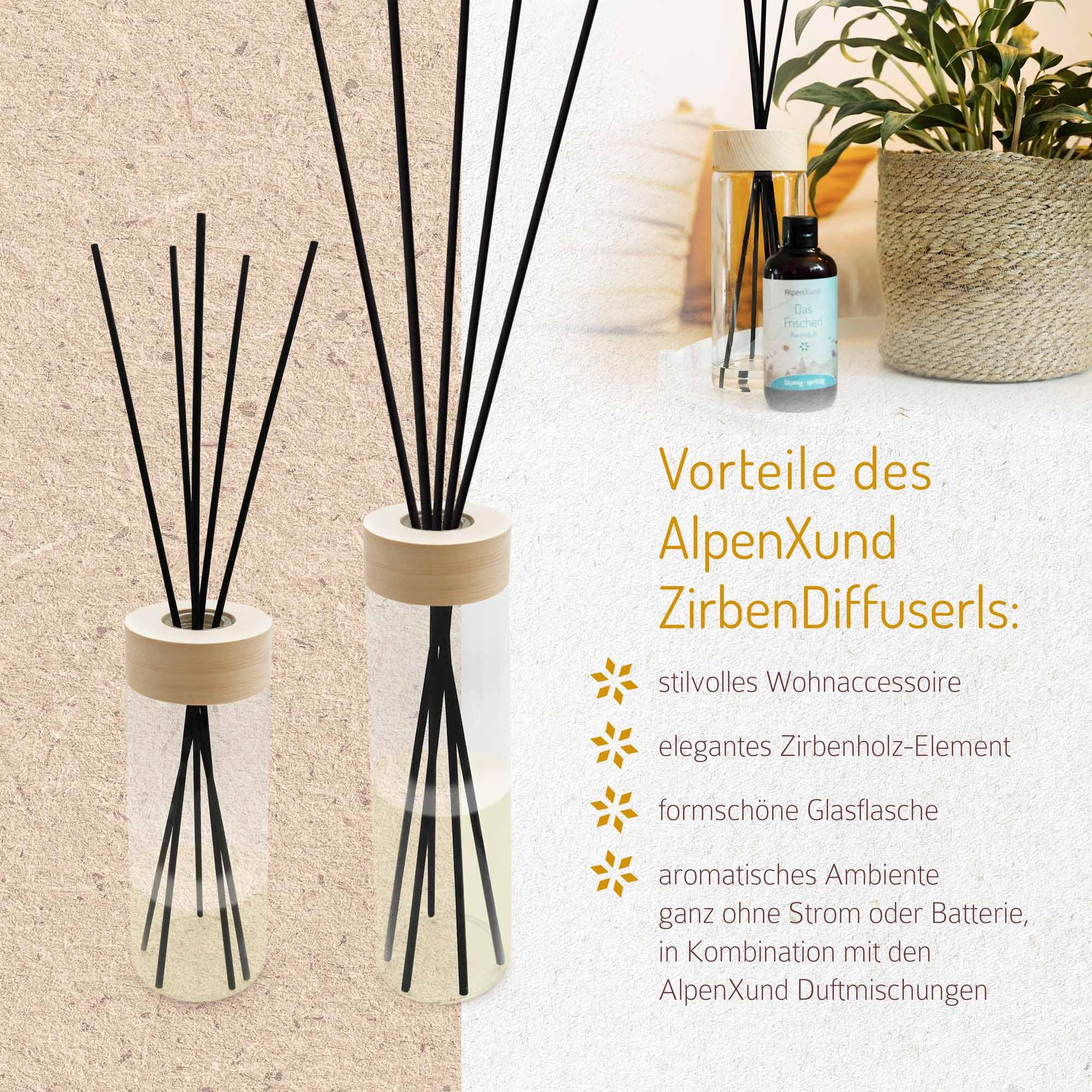 ZirbenDiffuserl Set 1000 ml + Wohlfühlerl 500 ml I Natürliche Raumbeduftung I Raumduft Nachfüllung ätherisch I Diffuser Holz Design I Duftöl 100% naturrein I Ideal für jeden Raum