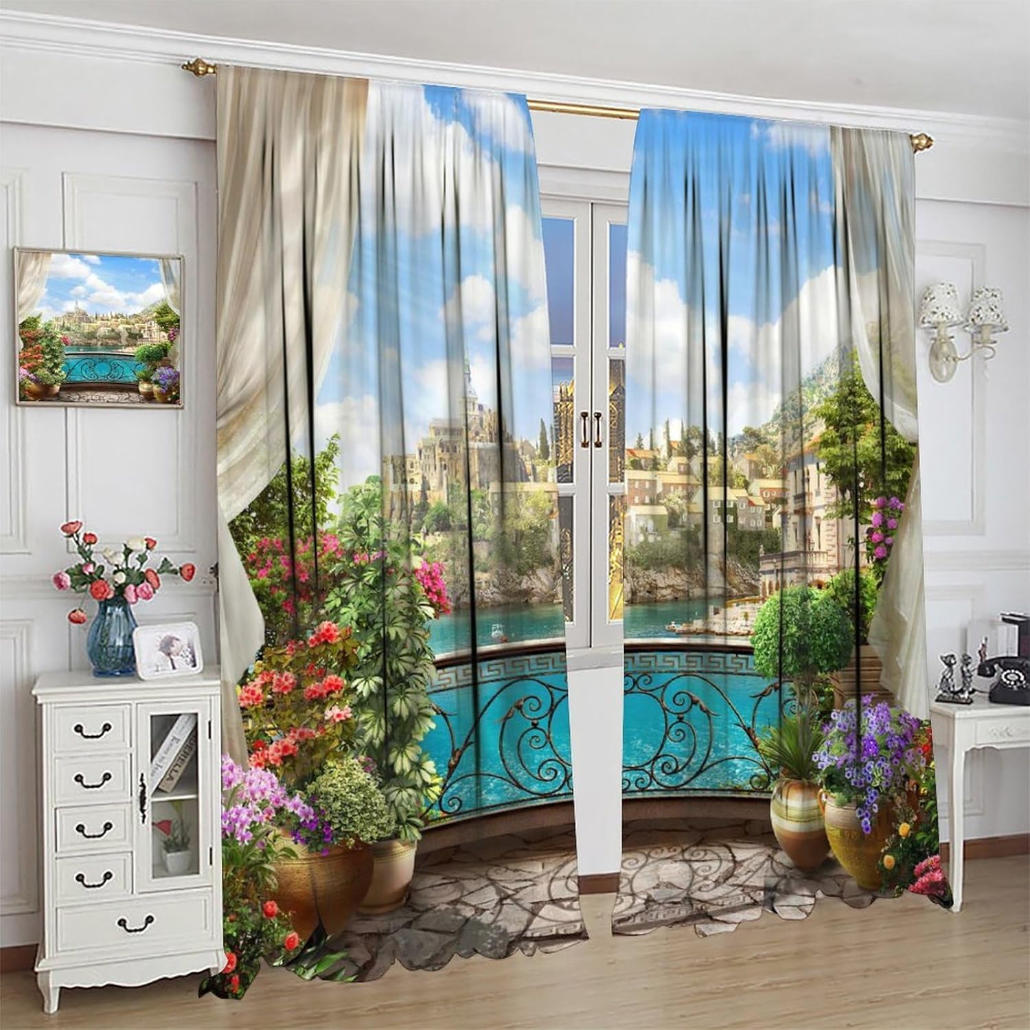 European Italian Natural Scenery Blackout Window Curtains, Lake View Garden Balcony Vintage Balcony Window Drapes, for Living Room Bedroom 21(W)*54(L) 2 Panels