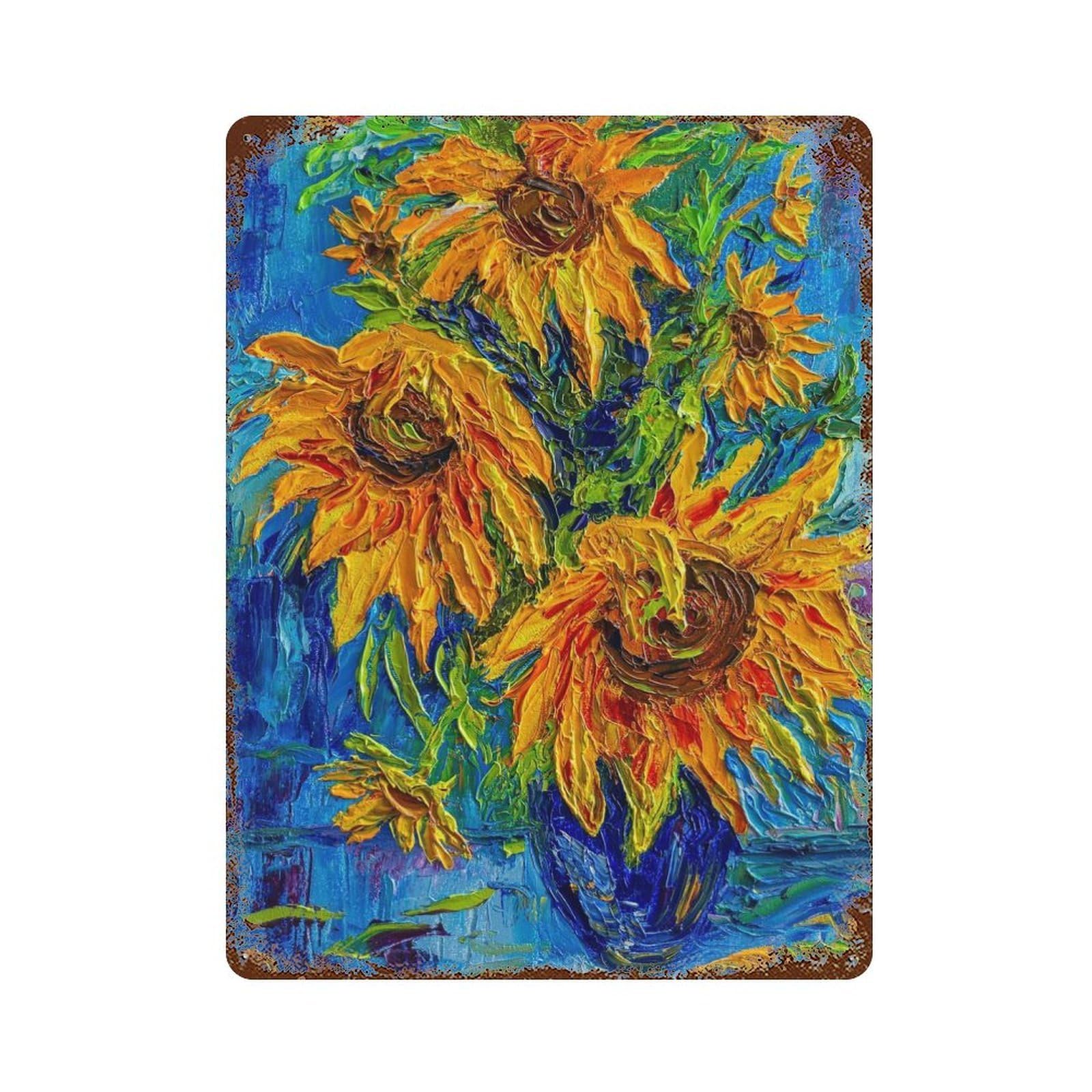 Rust Effect Sunflowers Bouquet Aged Metal Wall Plaque 15.7"x11.8", Shabby Chic Decor for Living Room, Hallway And Home Decor