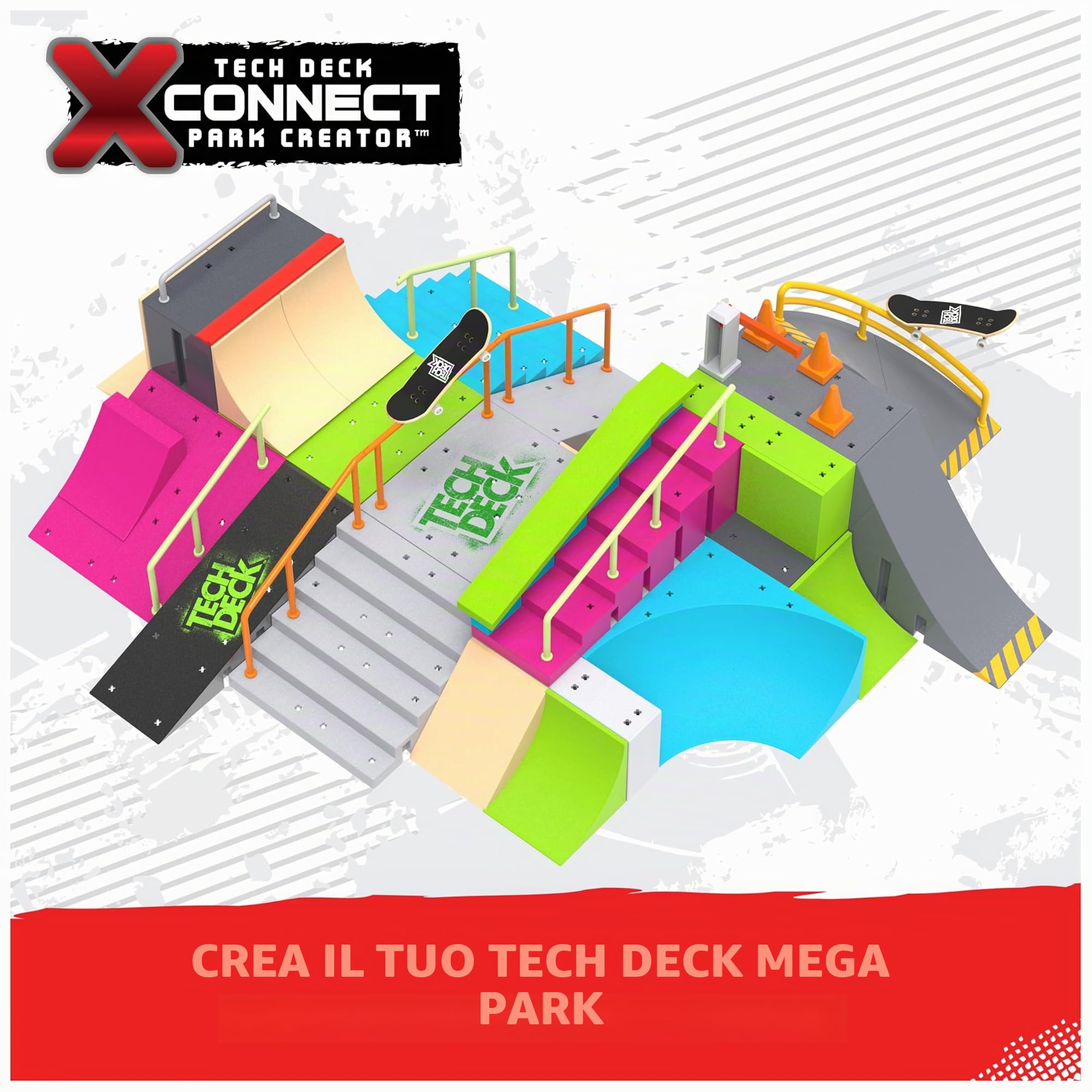 Tech Deck, Neon Mega Park X-Connect Creator, Set di rampa Personalizzabile con Due tastiere, Giocattolo per Bambini per Ragazzi e Ragazze dai 6 Anni in su