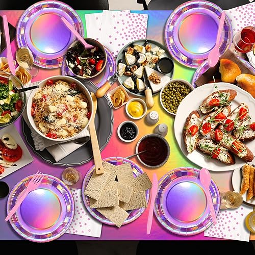 Miniatura 6 de Suministros de fiesta de color rosa iridiscente para 25 unidades, juego de platos y servilletas de papel holográfico rosa intenso, platos de papel