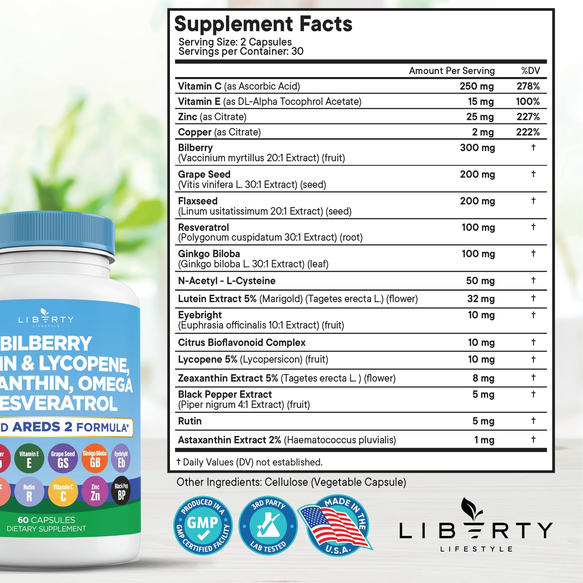 Liberty Lifestyle Eye Health Vitamins with Bilberry, Lutein & Zeaxanthin, Lycopene, Resveratrol, Grape Seed Extract, Flaxseed Astaxanthin- AREDS 2-120 Capsules — Amazon image 2