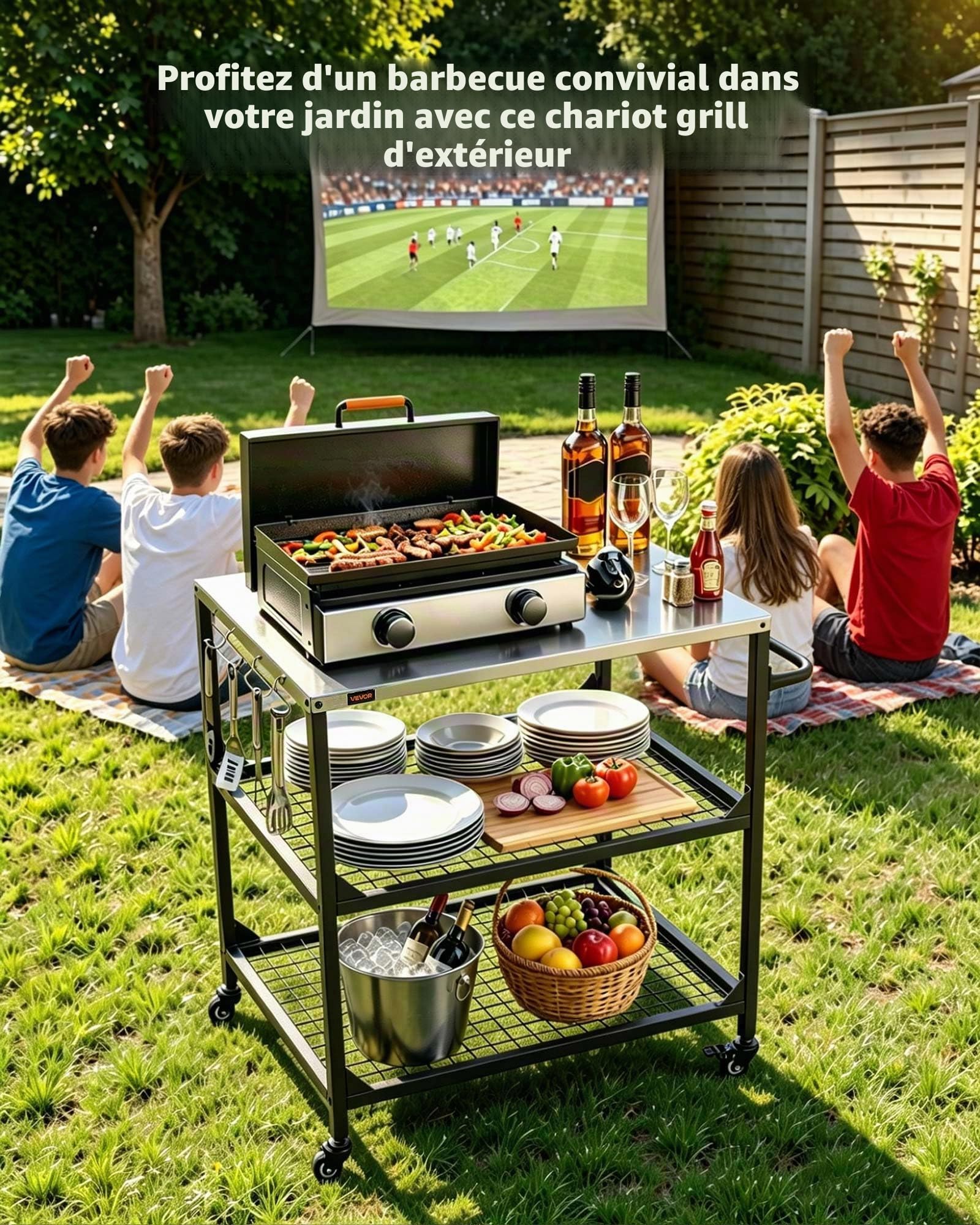 VEVOR Desserte de Jardin pour Plancha, Chariot de Barbecue avec Plan de Travail 80x61 cm en INOX, pour Préparation de Cuisine BBQ Extérieur, avec 4 Roues, Poignée Latérale et Deux Étagères en Maille