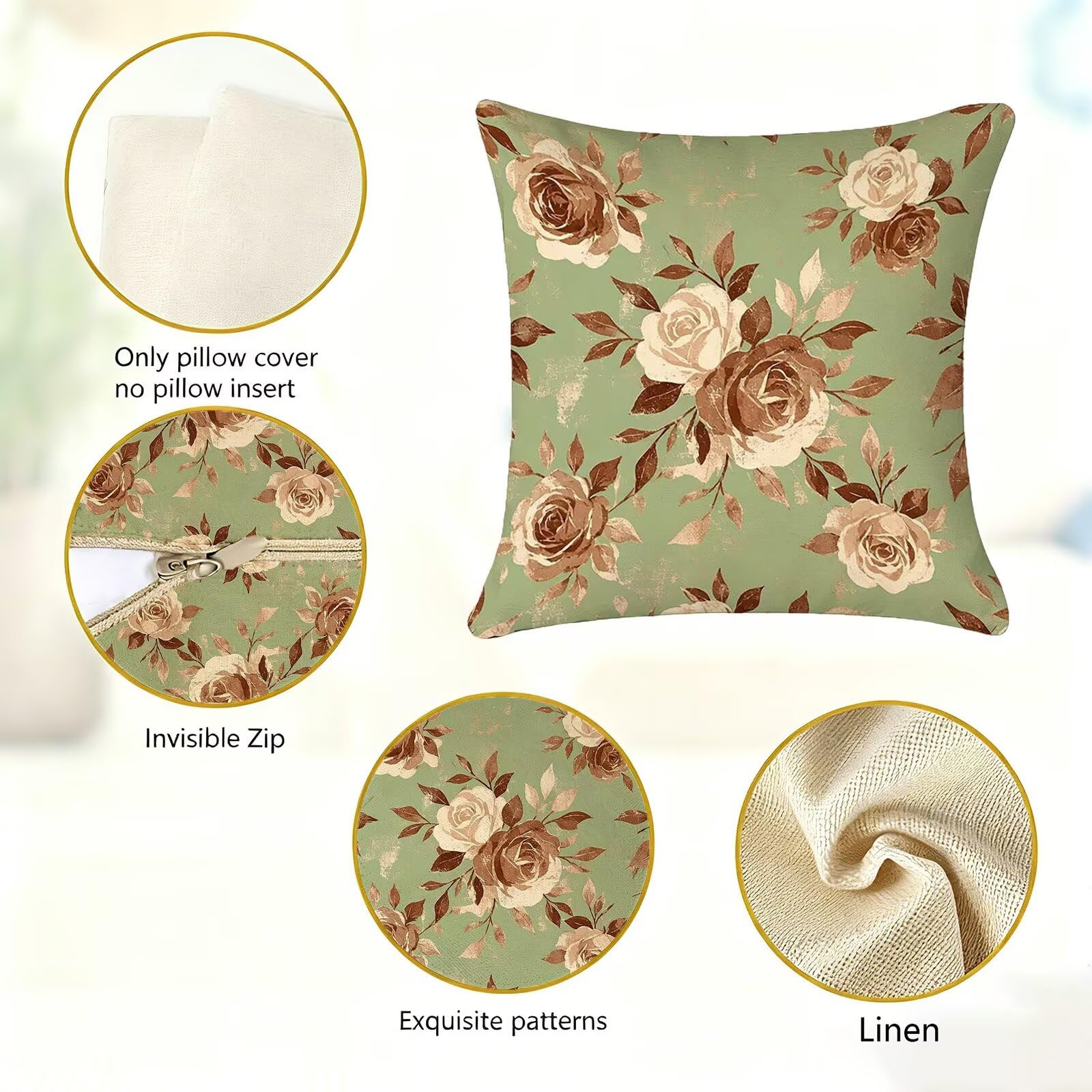 Verde Federe Cuscini Divano 50x50cm, Cuscini da Esterno Set de 4, Cod-167 | Lin Copricuscini Decorativi Letto Arredo, per Letto, Soggiorno, Giardino, Esterno, Casa Decorazione Set di 4 Fiore