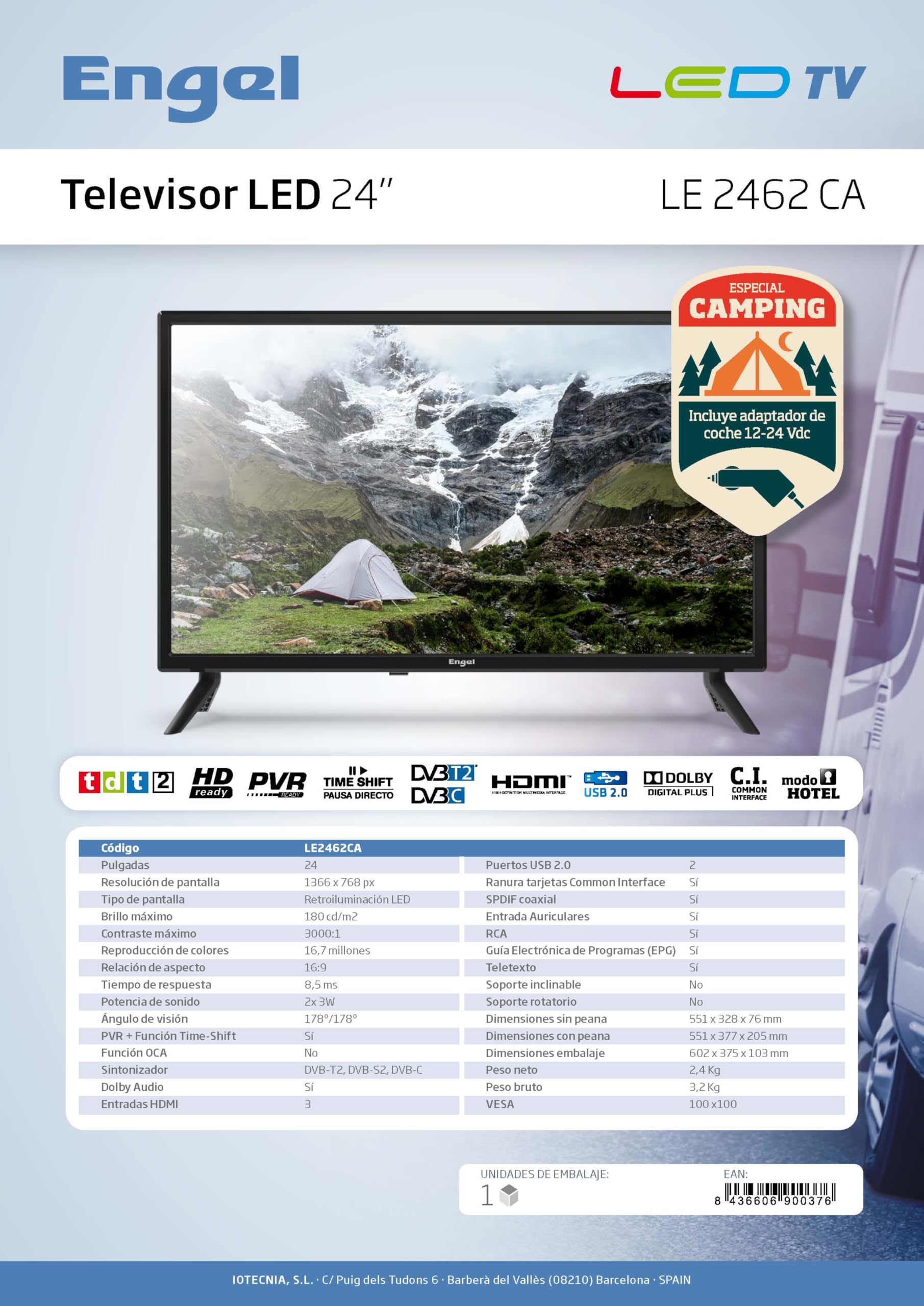 Engel TV LED 24” LE2462CA HD Ready con adattatore 12–24 V per caravan e campeggio, DVB-T2/S2/C, PVR e Time-Shift, Dolby Audio, 3 HDMI, 2 USB, modalità Hotel