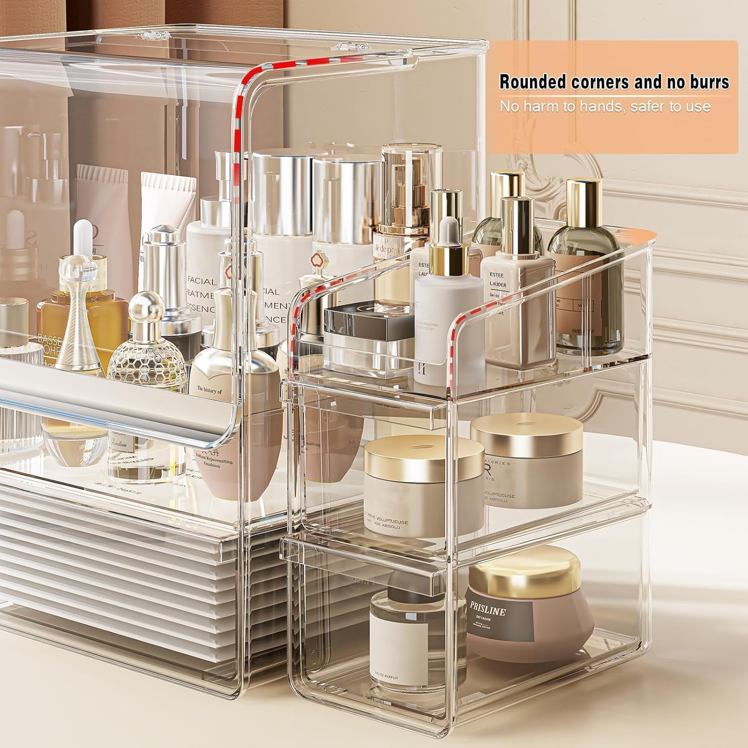 Makeup Organizer for Vanity With Lid, Stackable Cosmetics Organizer and Storage,Dustproof Clear Acrylic Makeup Organizer (Large + Drawer box + Lipstick Organizer)