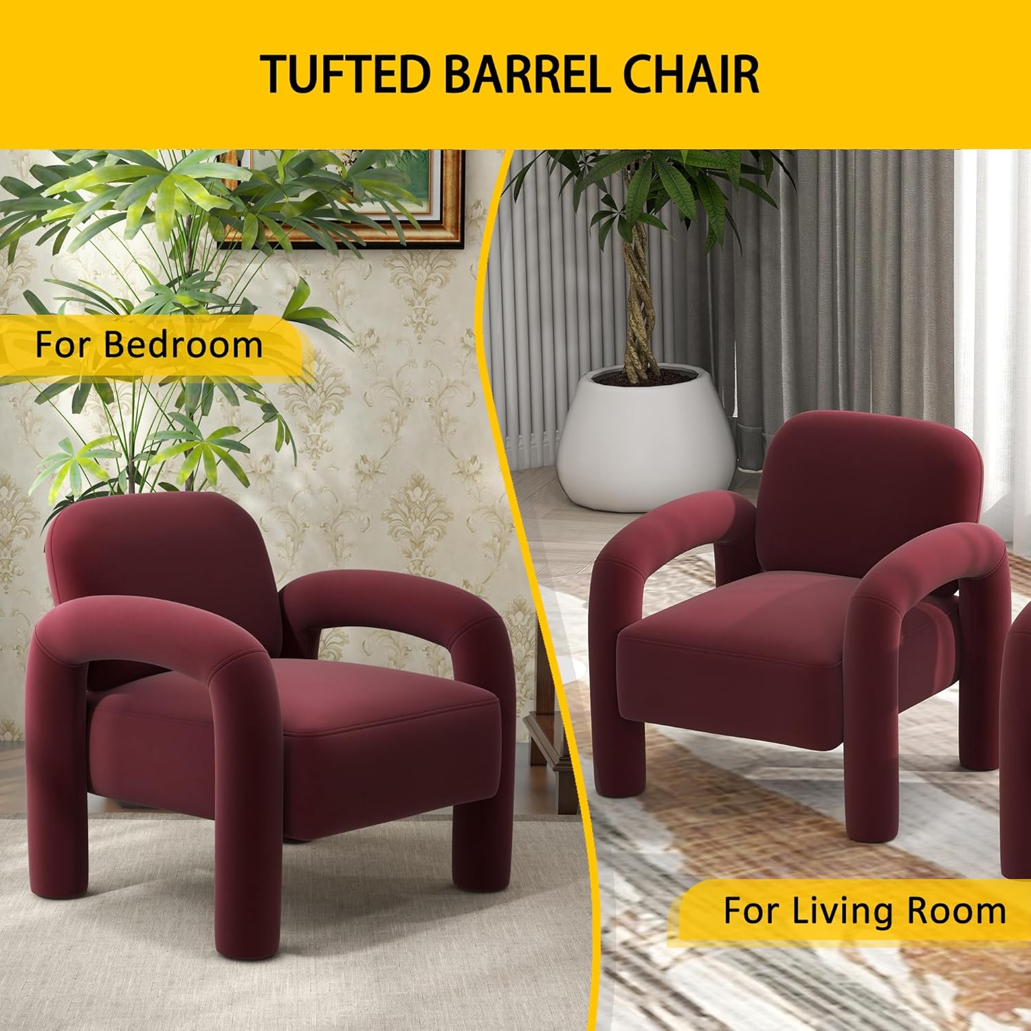 Modern Accent Chair, Comfy Velvet Upholstered Armchair, Cozy Vanity Chair Single Sofa, Tufted Barrel Chair Reading Chair for Living Room, Bedrooms, Corner（Red）