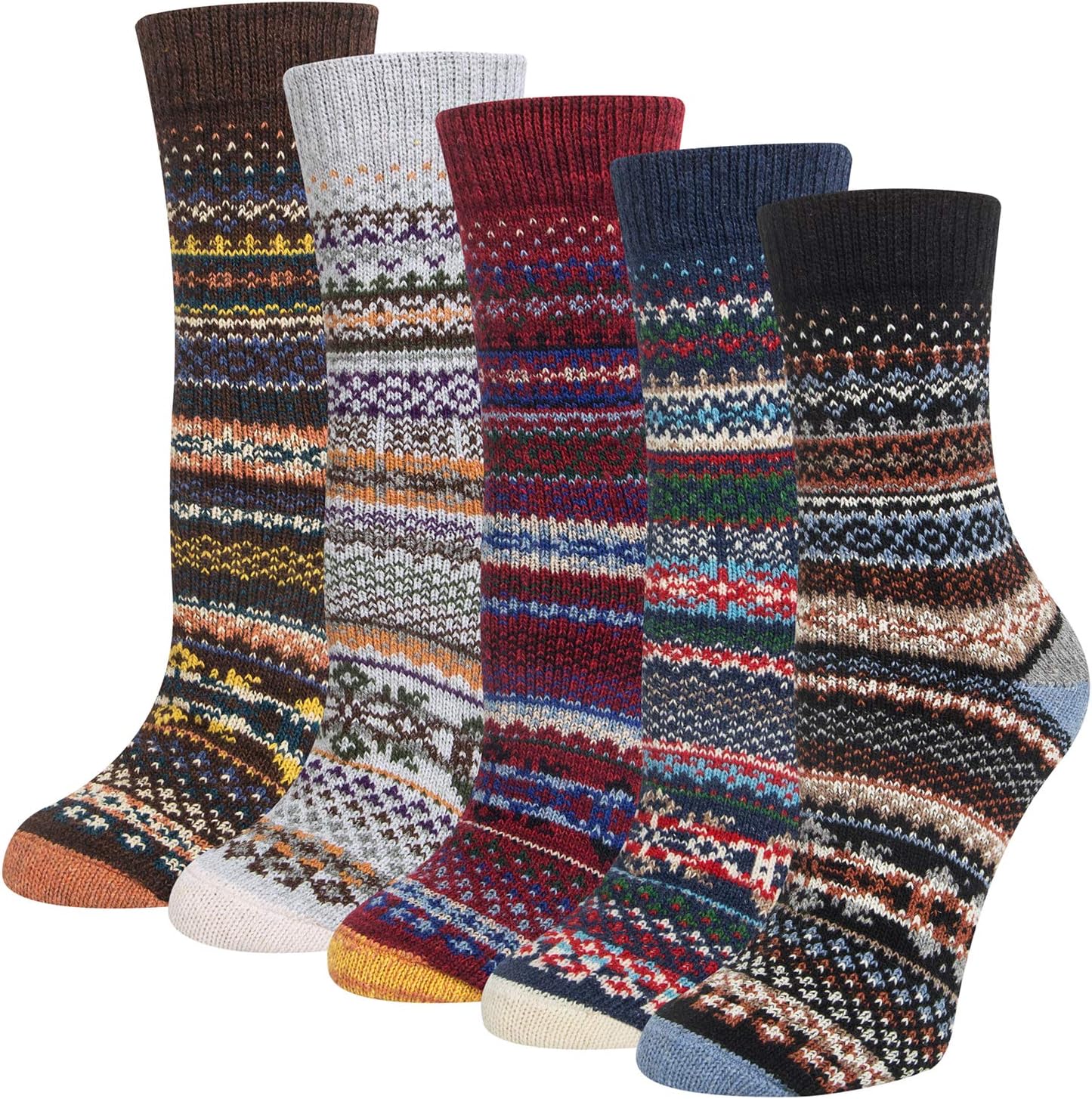 5 Pairs Ladies Winter Socks - Breathable, Soft, Thick Wool Socks in Colourful Designs - Perfect Gifts for Women