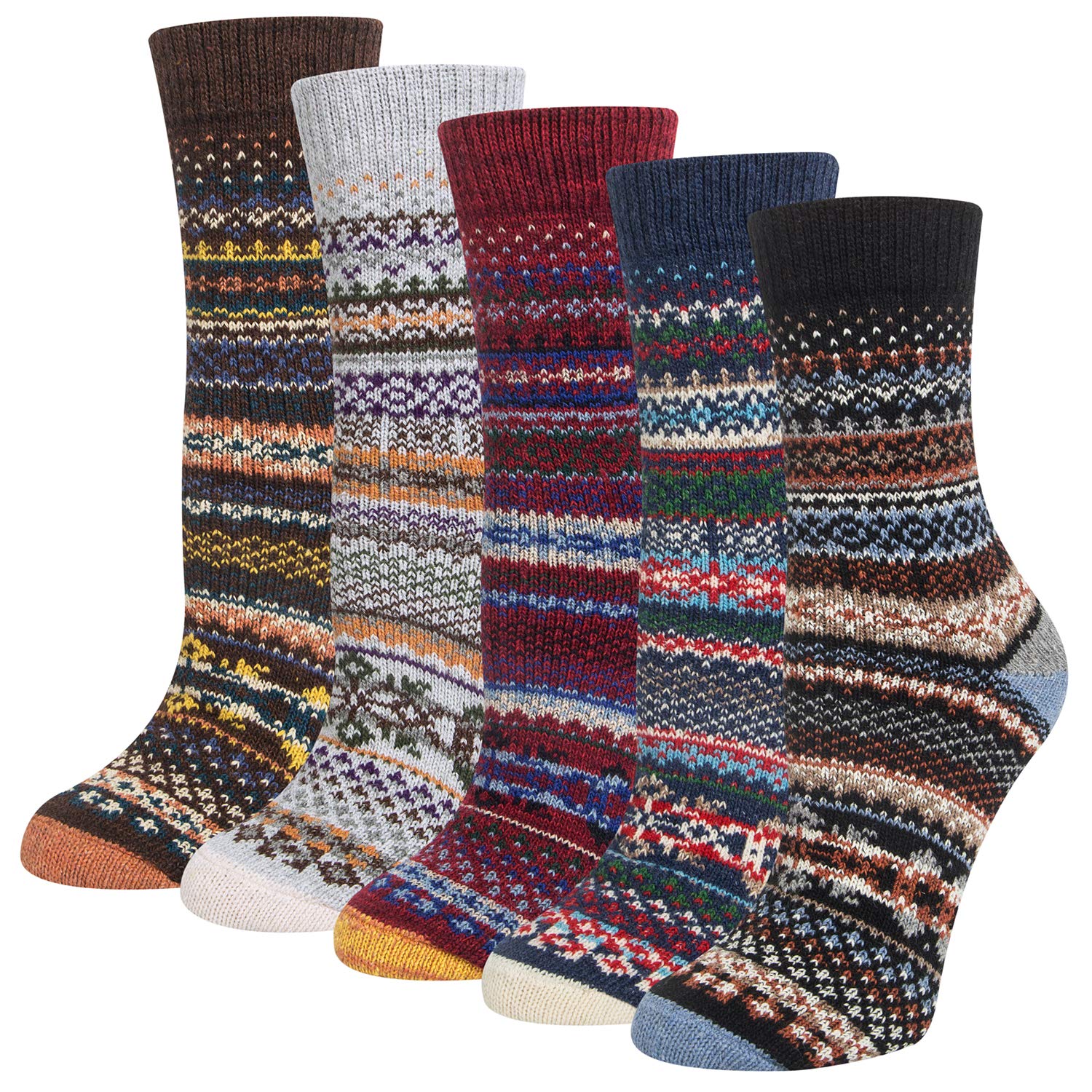5 Pairs Ladies Winter Socks - Breathable, Soft, Thick Wool Socks in Colourful Designs - Perfect Gifts for Women
