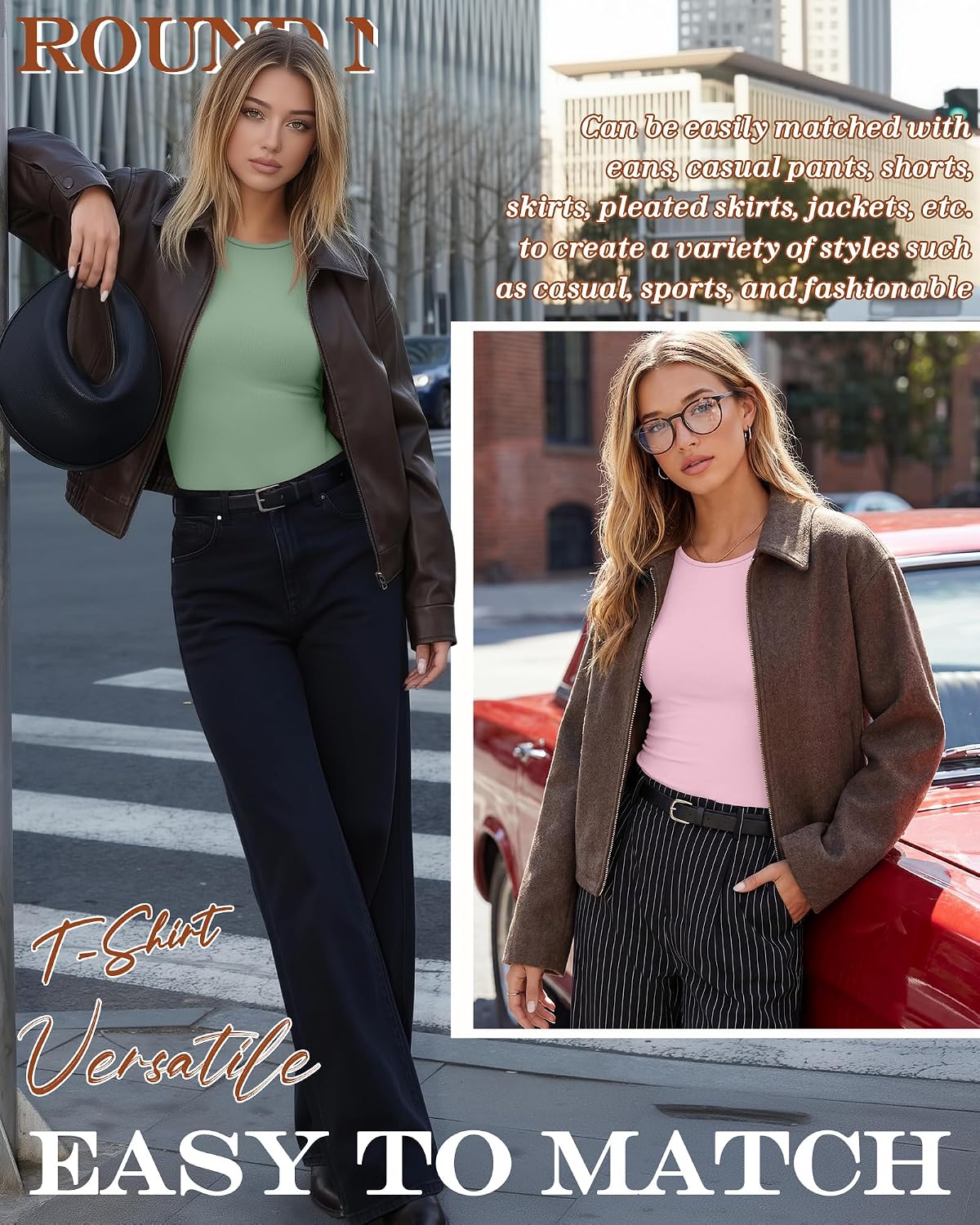 Huukeay 5 Pack Women's Elbow Sleeve Tops 3/4 Sleeve Round Neck T-Shirt Slim Fit Casual Stretchy Tunic Basic Tees Bulk