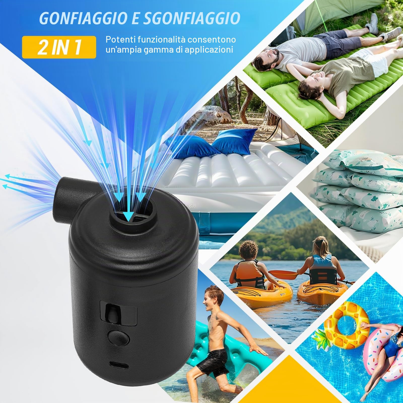 Pompa Elettrica, 3600 Mah, Ricarica Usb, Mini Pompa Ad Aria, Gonfiatore Elettrico, 280 L/Min, Con Set Di 4 Ugelli, Indicatore Digitale Della Batteria, Portatile Per Materasso Ad Aria