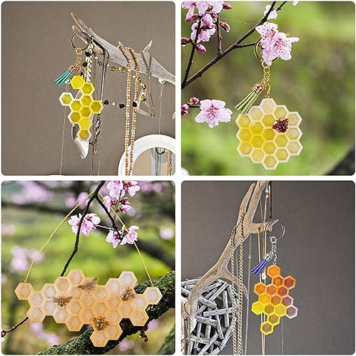 Miniatura 8 de Kits de resina de silicona con forma de panal de abeja moldes colgantes de silicona con borlas de llavero, pasadores de tornillo de ojo para llavero