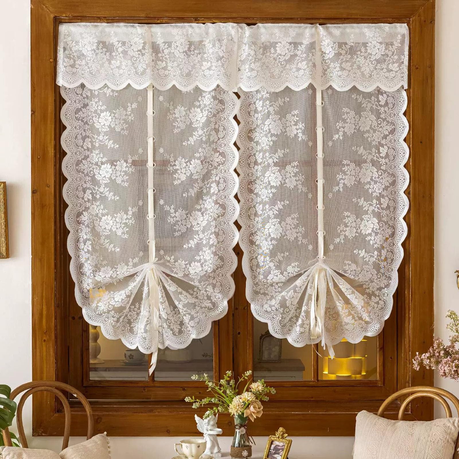 2 Pièces Français Rideaux de Ballon À Nouer, Rideaux Élégants Brodés À Fleurs Filtrant la Lumière AVCE Bords Festonnés et Passe-Tringle pour Cuisine(WxH70x240cm/27x94inch)