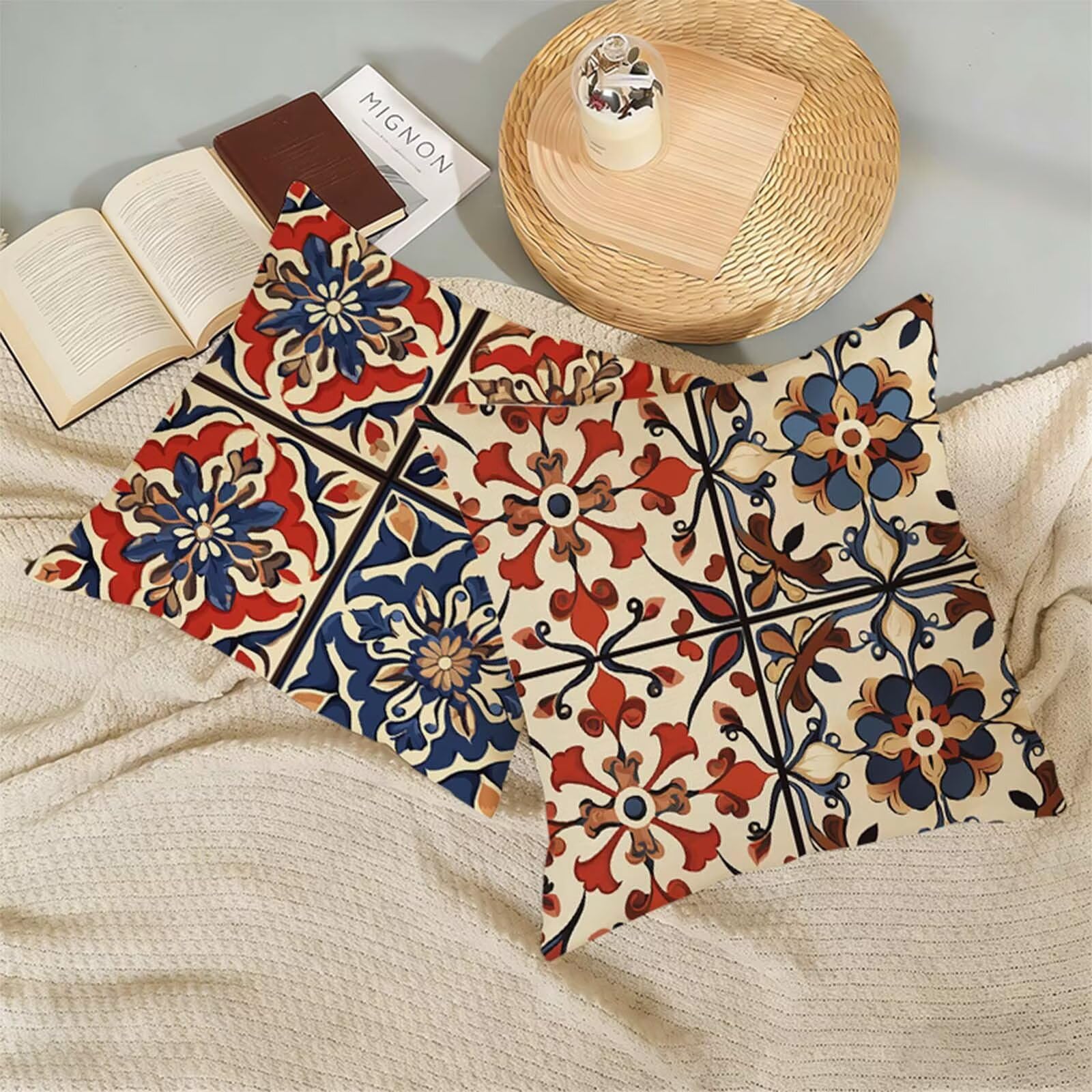 Juego de 2 Funda Cojin 80x80 Bohemia, Cuadrada Impermeable Fundas Cojines Retro Lino Impresión a Doble Cara con Cremallera Oculta, Apto para Todas las Estaciones Funda Almohada para Sofá o Salón X-335