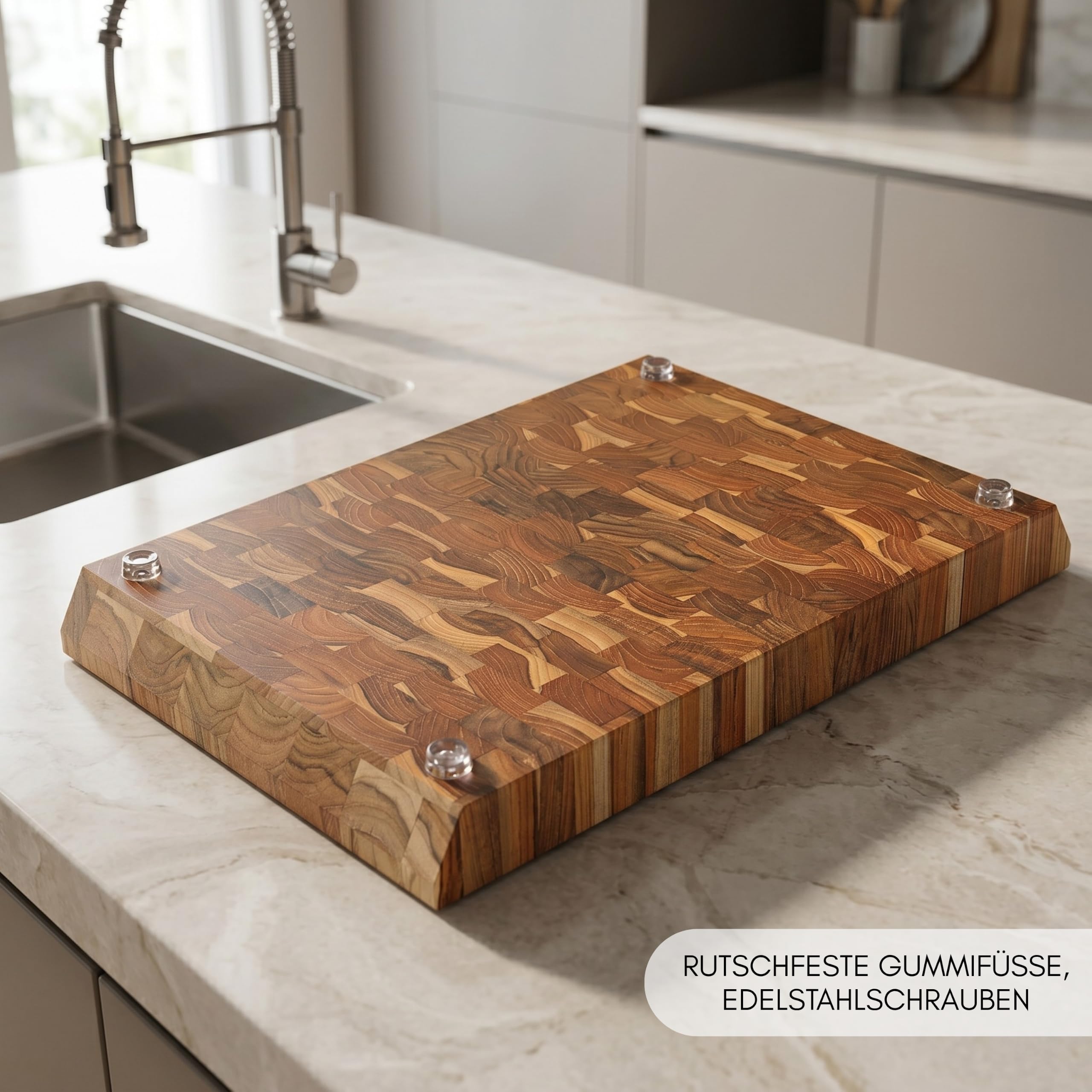 Erreke Schneidebrett aus Teakholz End Grain, 50x35x5 cm, Groß und Dick | Schneidebrett Holz. als Metzgerblock mit Saftrille. Rutschfeste Füße und abgeschrägte Griffe. Holz-Schneidebrett Küche