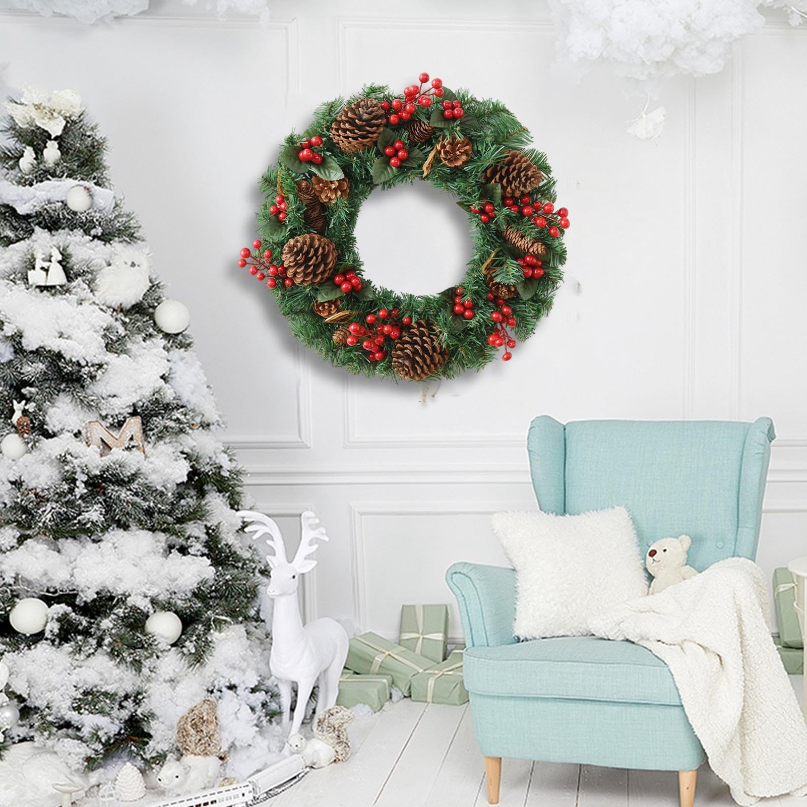 Couronnes De Noël Pour Porte D'Entrée Décor Artificiel Saisonnier | Couronne Festive avec Baies Rouges et Cônes de Pin pour Porte d'Entrée Intérieur Maison Porche Fenêtre Hiver Cheminée