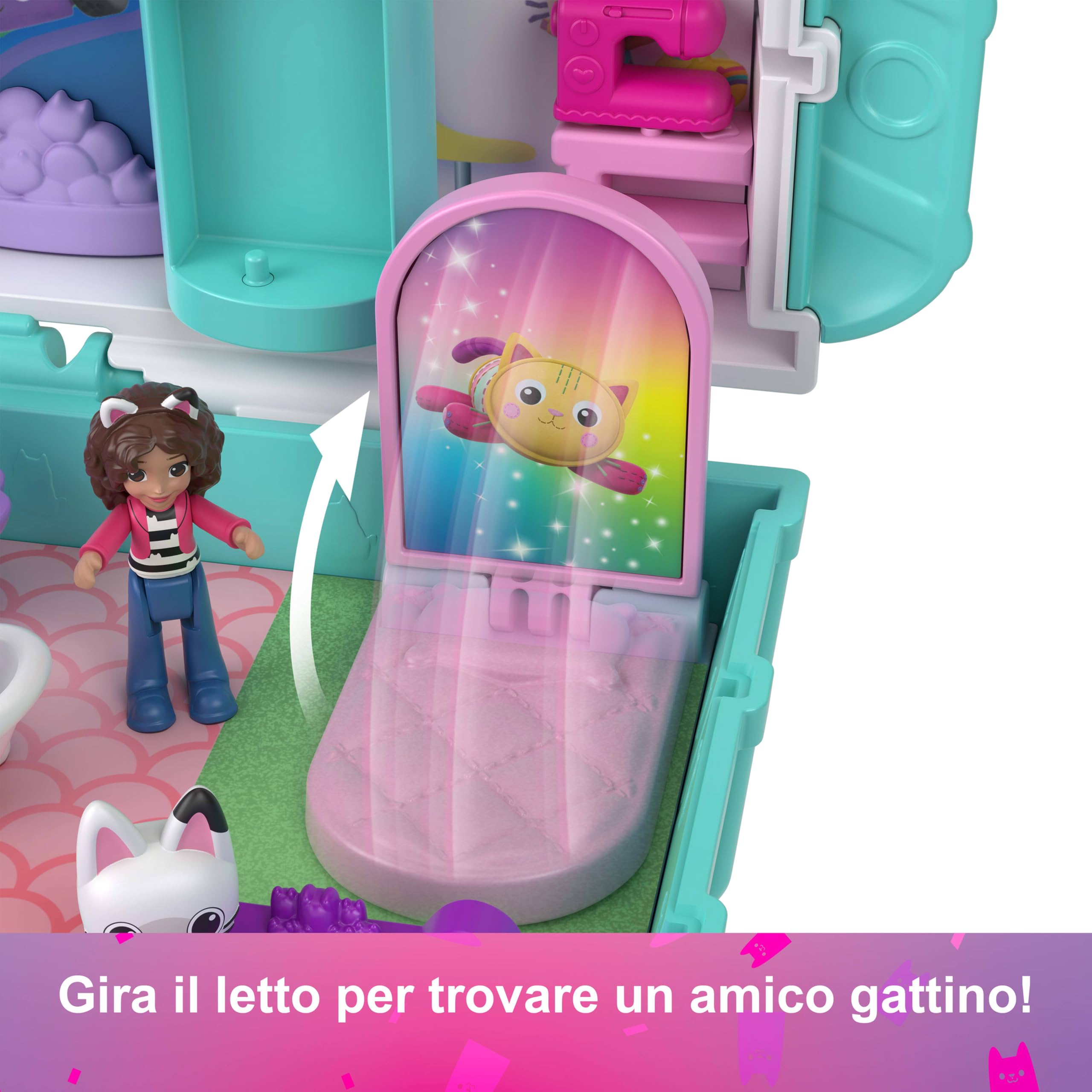 Polly Pocket - La Casa delle Bambole di Gabby, cofanetto con mini Gabby e 9 accessori, include gli amici gattini Pandy Panda, Dolcetto e Siregatta, giocattolo per bambini, 4+ anni, JFV02