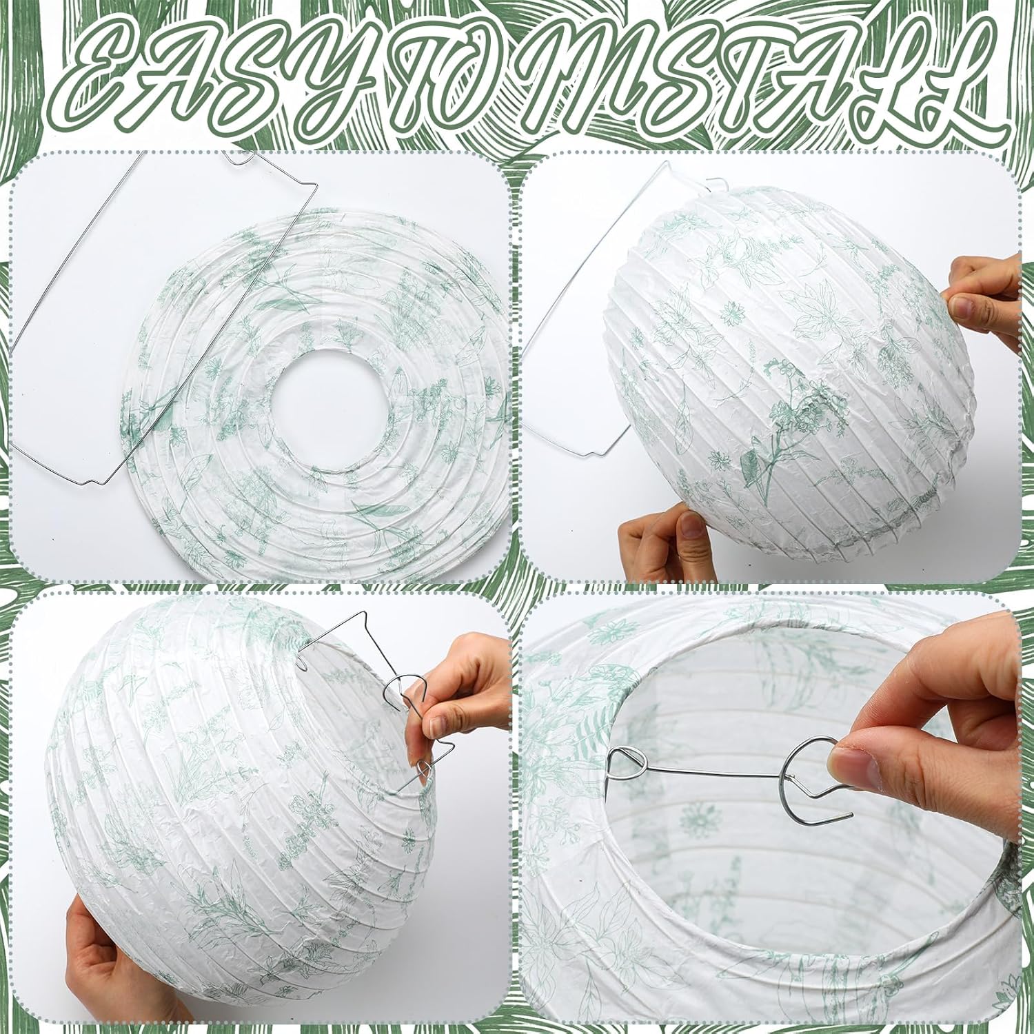 Riakrum 18 Pcs Floral Paper Lantern Set 10" 8" Sage Green and White Flower Chinese Lantern Chinoiserie Hanging Decoration for Ceiling Wedding Bridal Shower Birthday Party Supplies