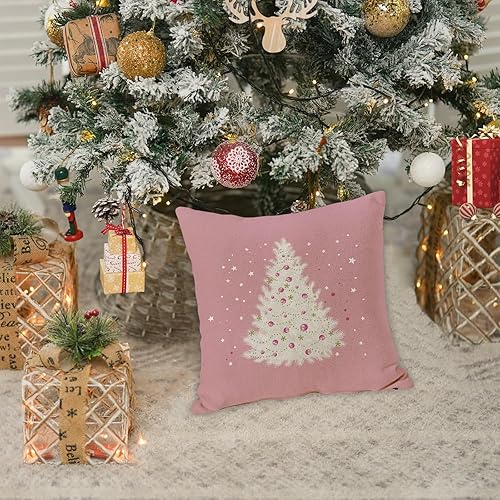 Miniatura 6 de GOOESING Fundas de almohada de Navidad de 24 x 24 pulgadas, color rosa con árbol de Navidad, funda de cojín para sofá, decoración del hogar