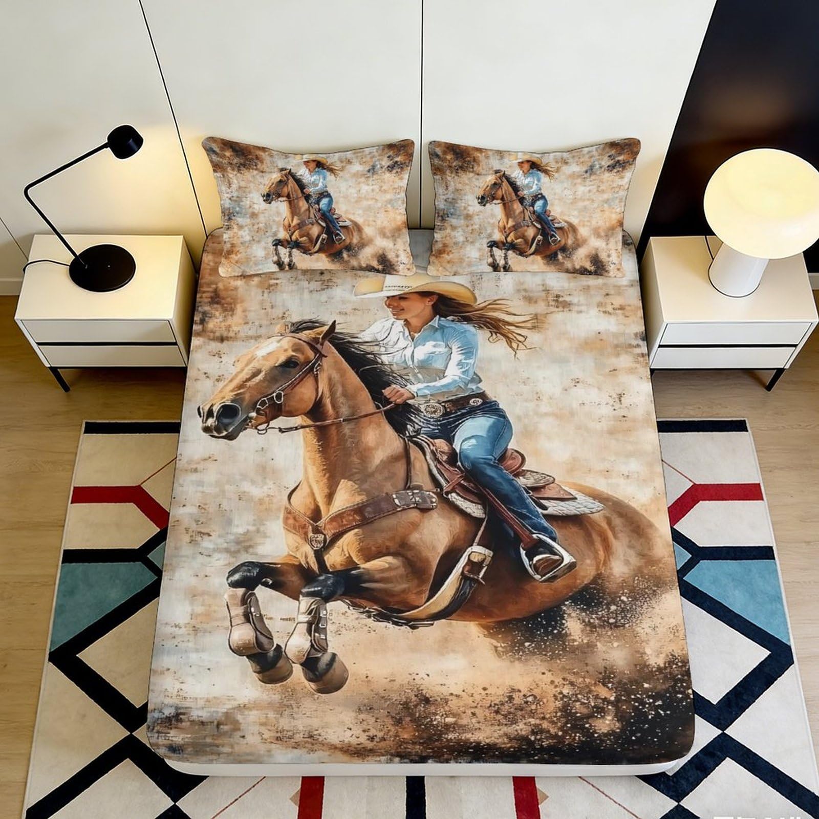 3D Printed Cowboy Horse Fitted Sheet Microfiber Soft Breathable Rodeo Bed Cover for Bedroom Guest Room Decor 90x200x25cm