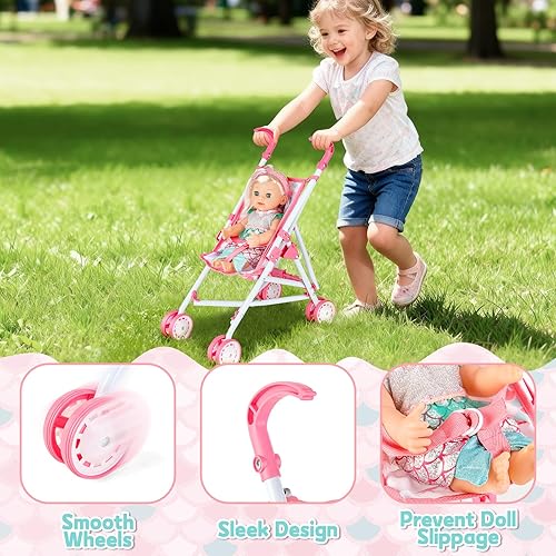 Miniatura 2 de deAO Muñeca de bebé, cochecito de cuna, cama de guardería, juego de rol, accesorios para muñecas y tapete de juego, cuna de viaje, cochecito