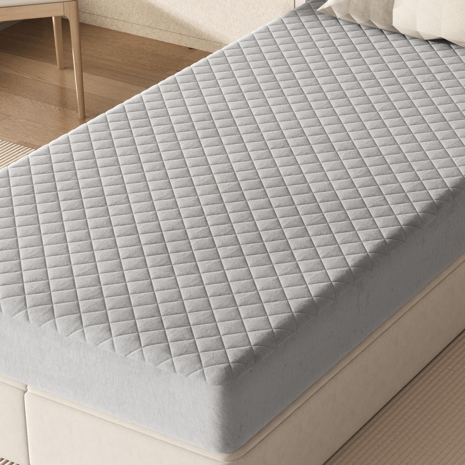 COSTWAY Single/King/Super King Size Mattress Protector, 41cm Extra Deep Pocket Quilted Mattress Cover with Sponge Padding, Luxury Super Soft Velvet Fitted Bed Sheet, Grey (Single-94 x 192cm)