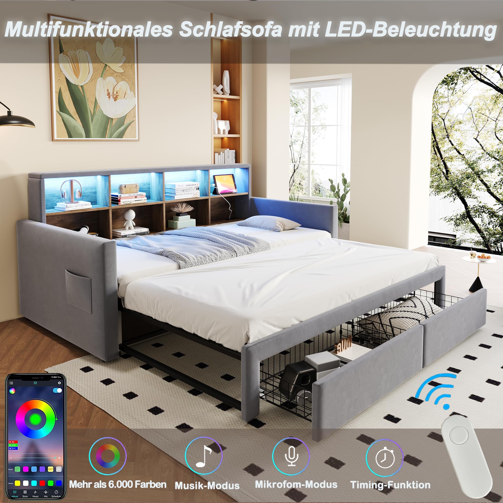 Cama Nido 180x190 con Cabecero Acolchado Sofá Cama con Almacenamiento Integrado Double Bed con 21 Lamas Carga Máxima 300 Kg Medidas Largo 204 Ancho 104 Alto 96 Cm con 2 Cajones Estudio