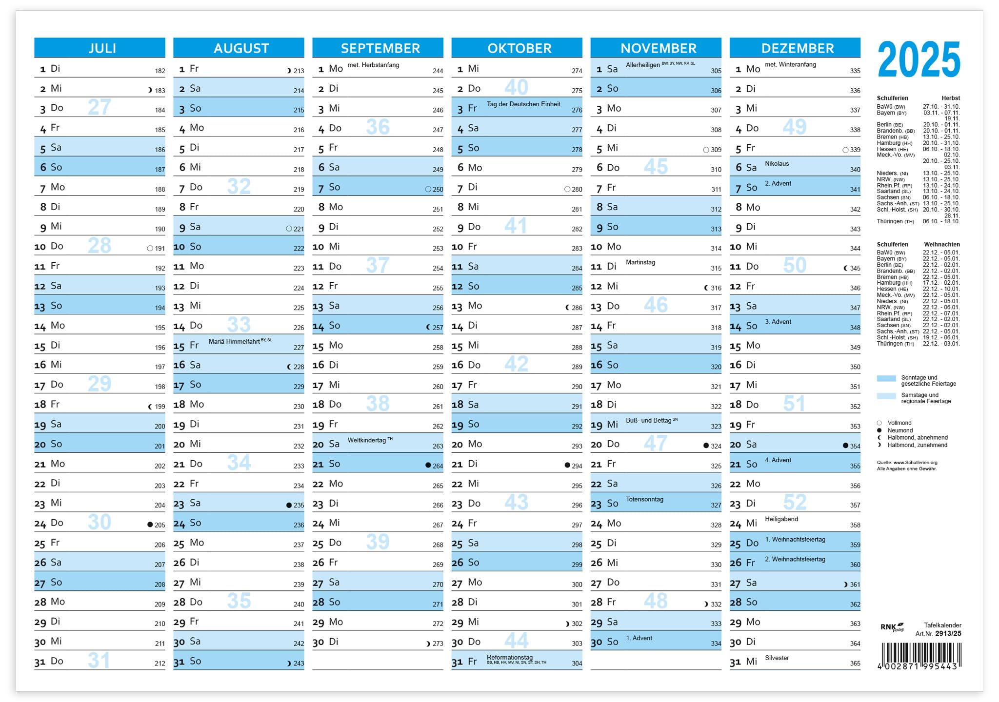 RNKVERLAG 2913/25 Blackboard Calendar 2025 in DIN B4 Format Landscape - Image 2