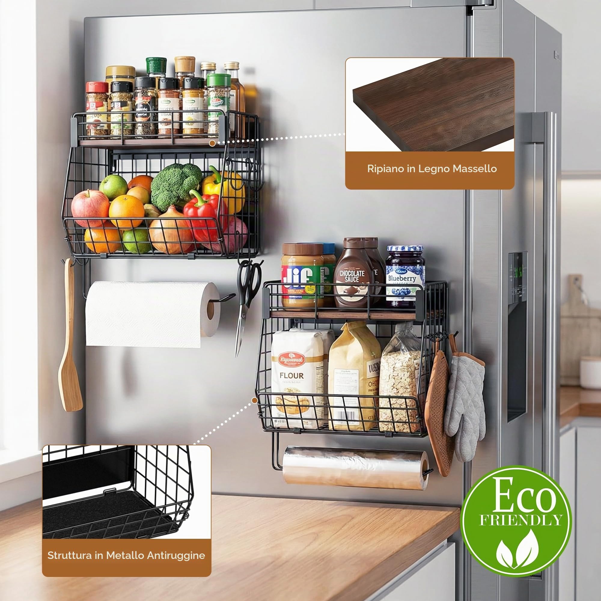 Mensola magnetica per frigorifero con porta carta, bidoni per frutta, patate e cipolle, organizer per dispensa e stoccaggio, grande contenitore magnetico portaspezie per frigorifero, bancone