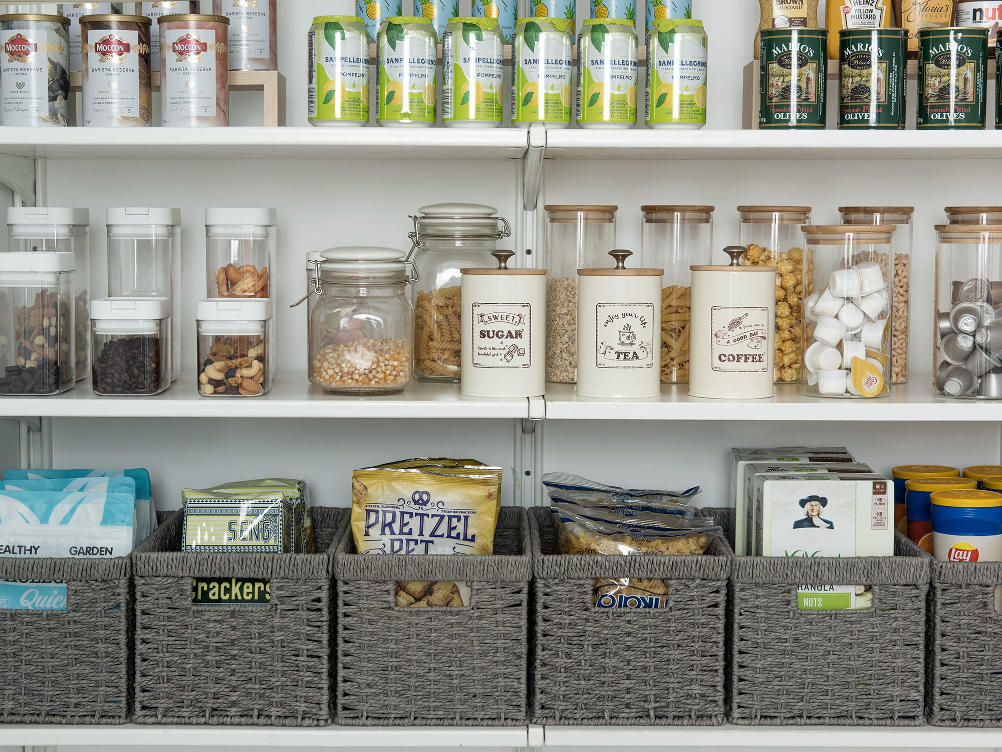 StorageWorks Round Paper Rope Storage Baskets, Rectangular Wicker Baskets with Built-in Handles, Gray, 2-Pack