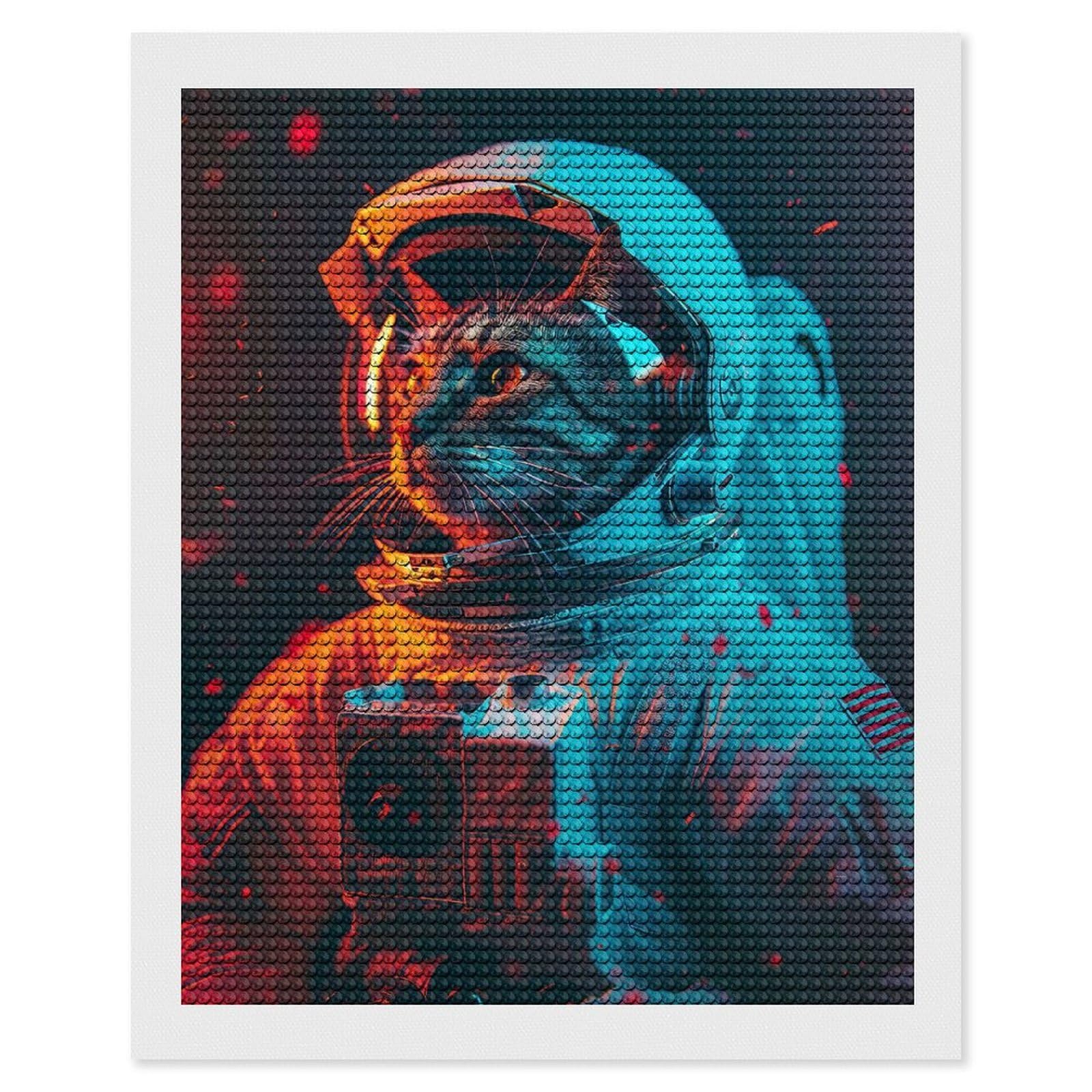 Junmoney Cat Astronaut Diamond Painting Set 16"x20", Sparkling Round Gems, Decorate Your Room, Fun Craft Experience, Modern Decor