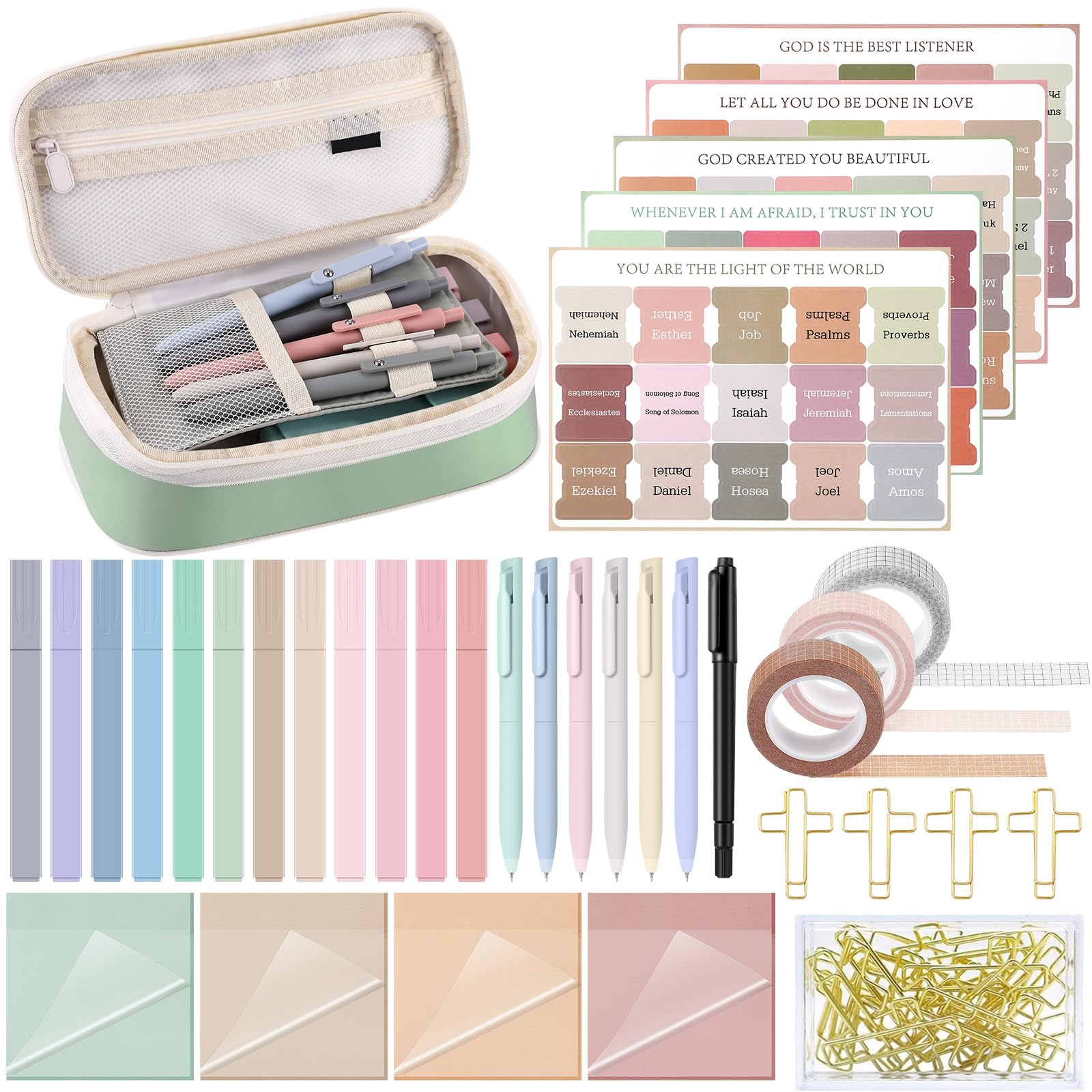 Dunzoom 33 Pcs Bible Study Supplies Kit for Women Bible Journaling Kit Christian Gifts No Bleed Highlighters Pens Case Tabs Tapes Sticky Notes Paper