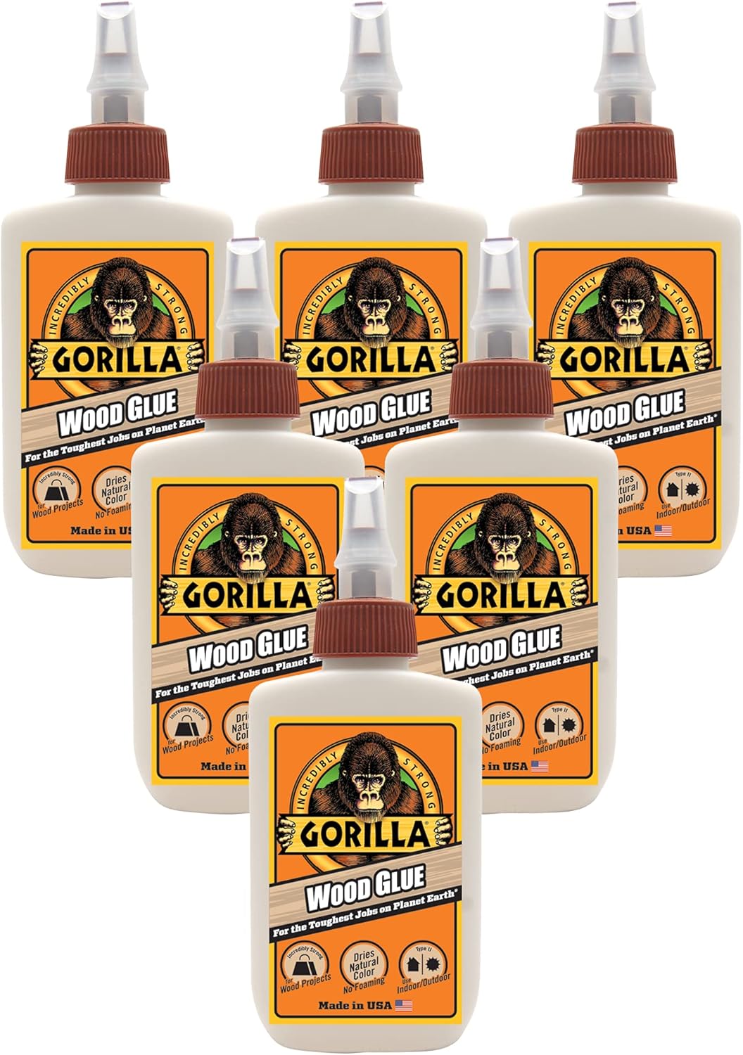Gorilla Wood Glue, Natural Wood Color, 4 Ounce Bottle (Pack of 6) - Water Resistant for Indoor or Outdoor Projects and Repairs