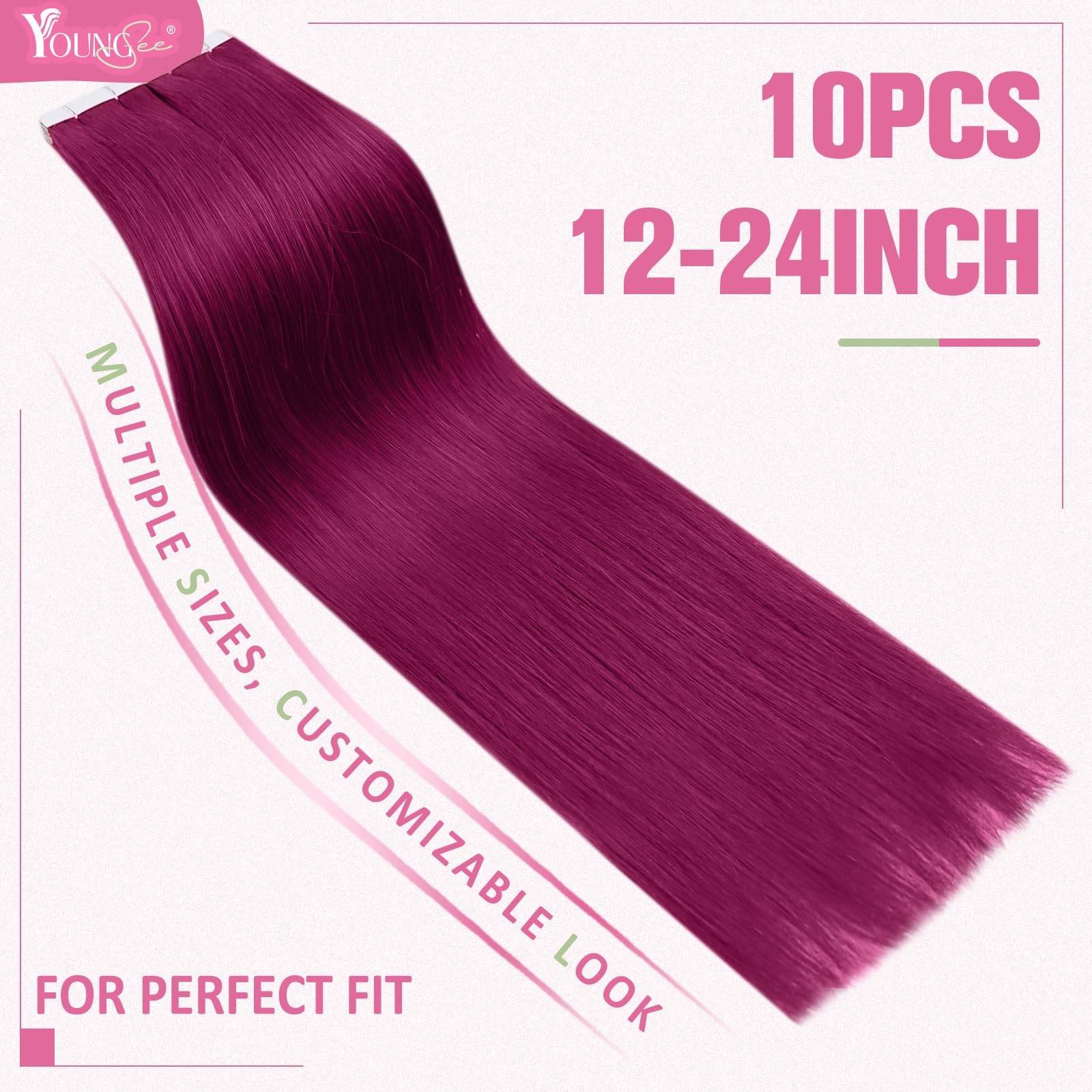YoungSee Tape in Hair Extensions Real Human Hair Magenta Human Hair Extensions Tape in Color Tape Extensions Magenta for Party Highlights Hair 20In 10pcs 25g - Image 3