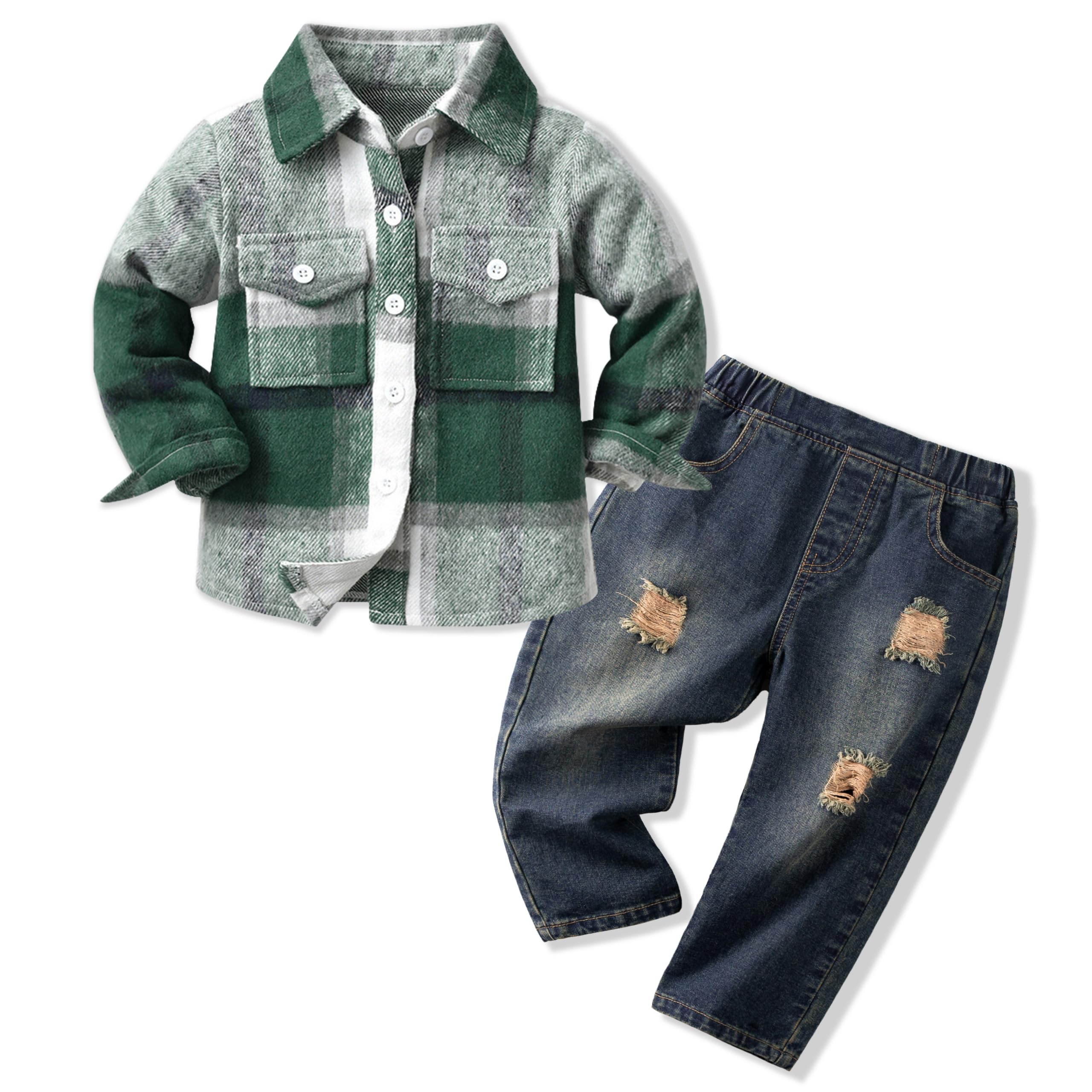 Volunboy 2 Pezzi Flanella Camicia Quadri+ Jeans Blu Strappati, Bambino Maschio Autunno Vestiti Completi Abiti Set